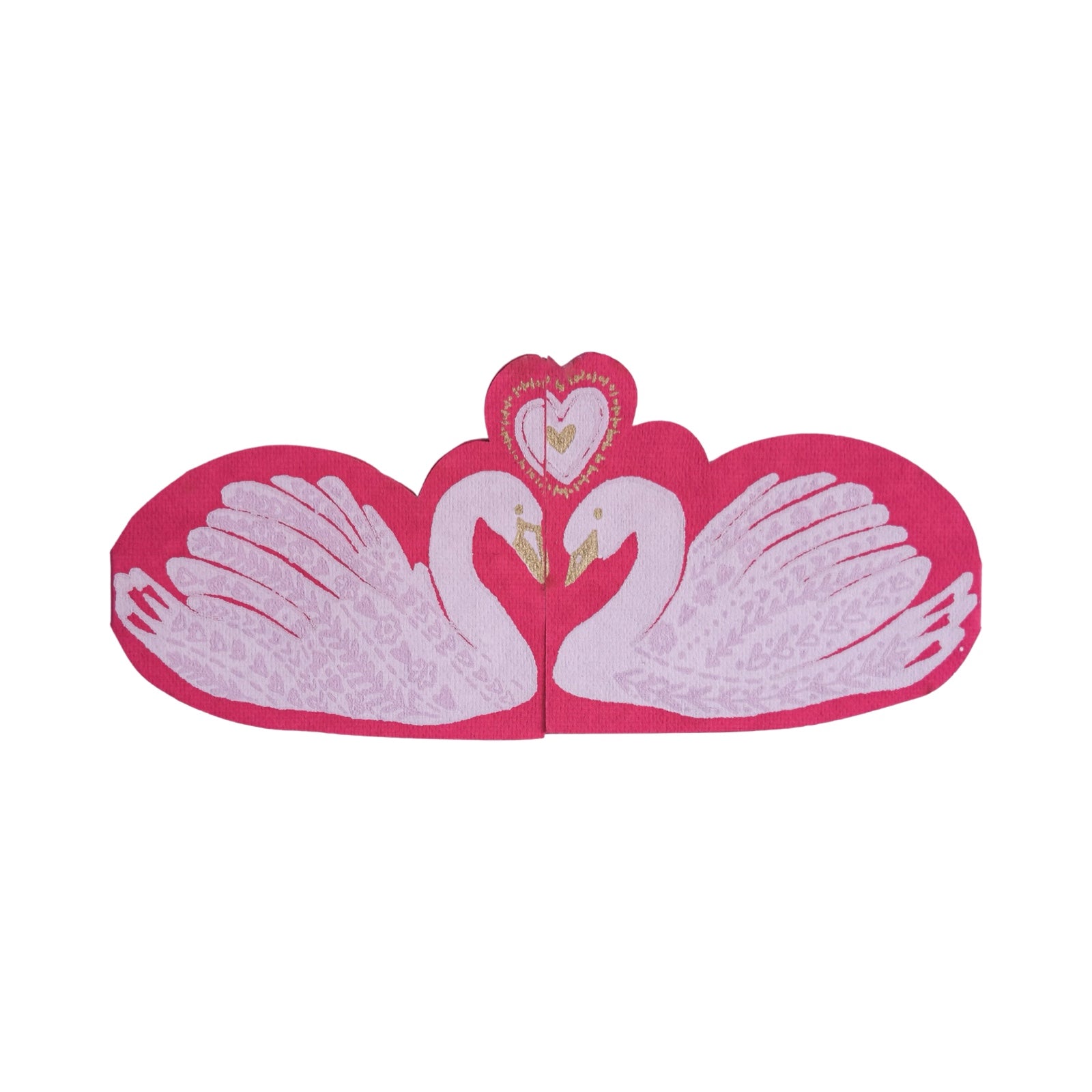 A red card in the shape of two kissing swans.