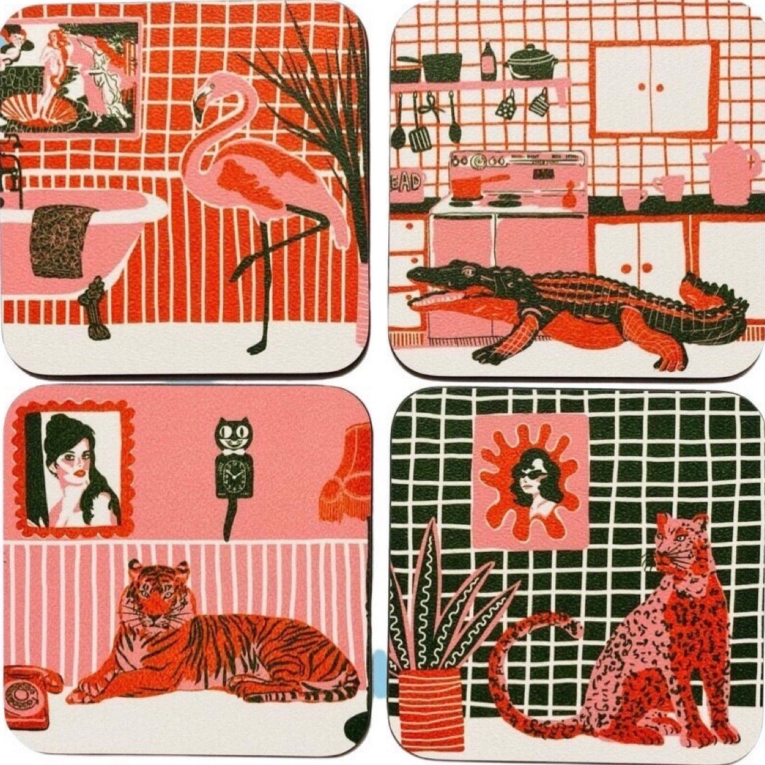 Set of 4 retro-style coasters featuring a crocodile, a flamingo, a tiger and a leopard in home settings.