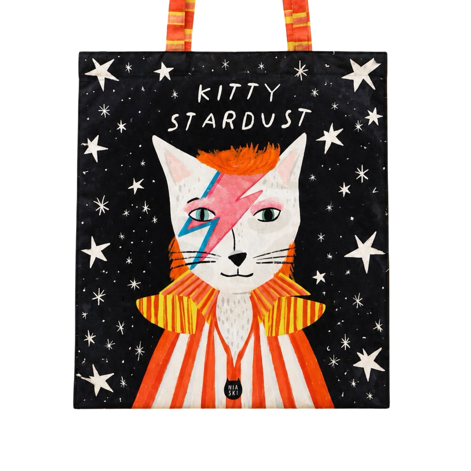 A black canvas tote bag featuring a colourful illustration of a cat styled like David Bowie with a pink and blue lightning bolt on its face, white stars on a black background, and striped handles.