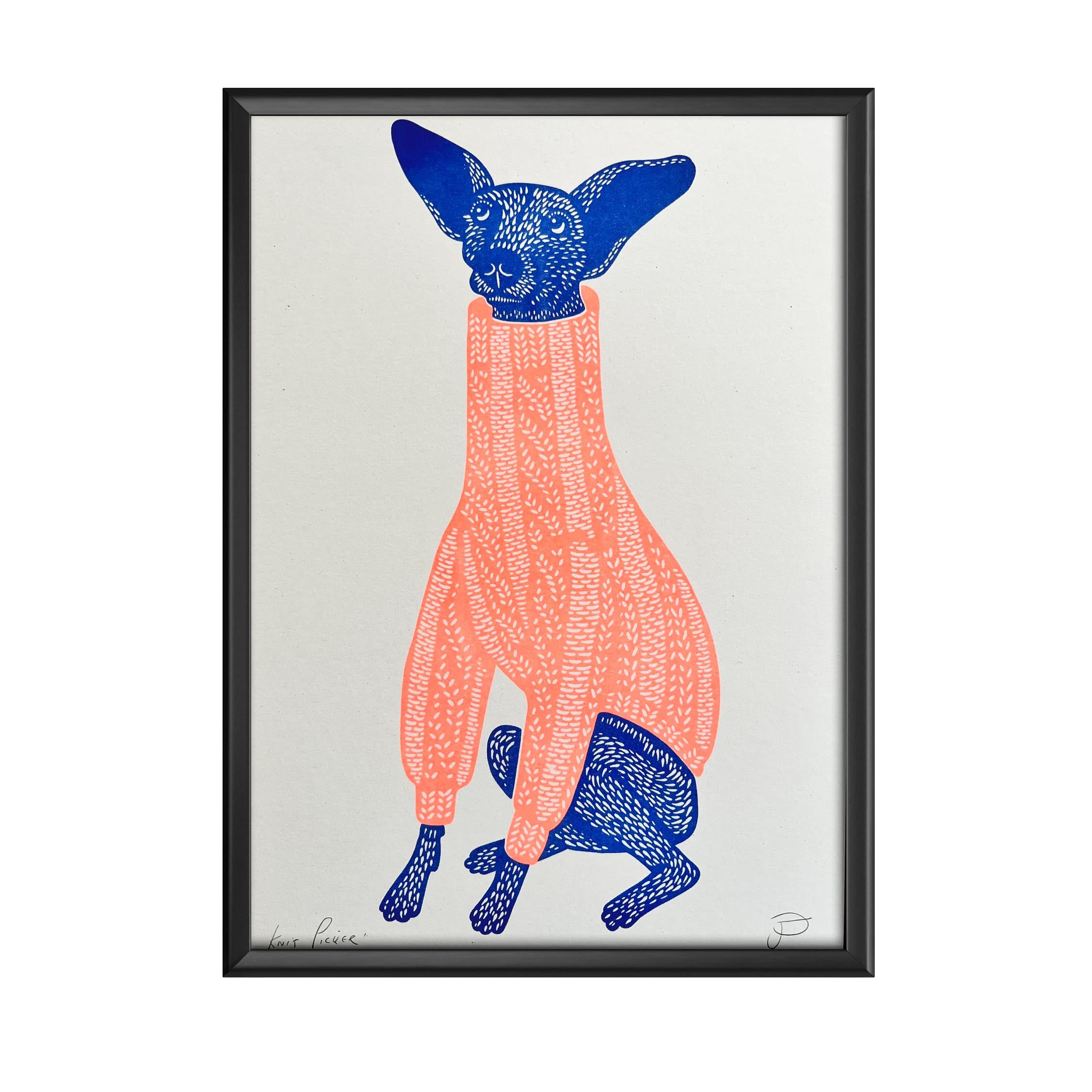 A print of a blue dog wearing an orange polo neck jumper in a black picture frame