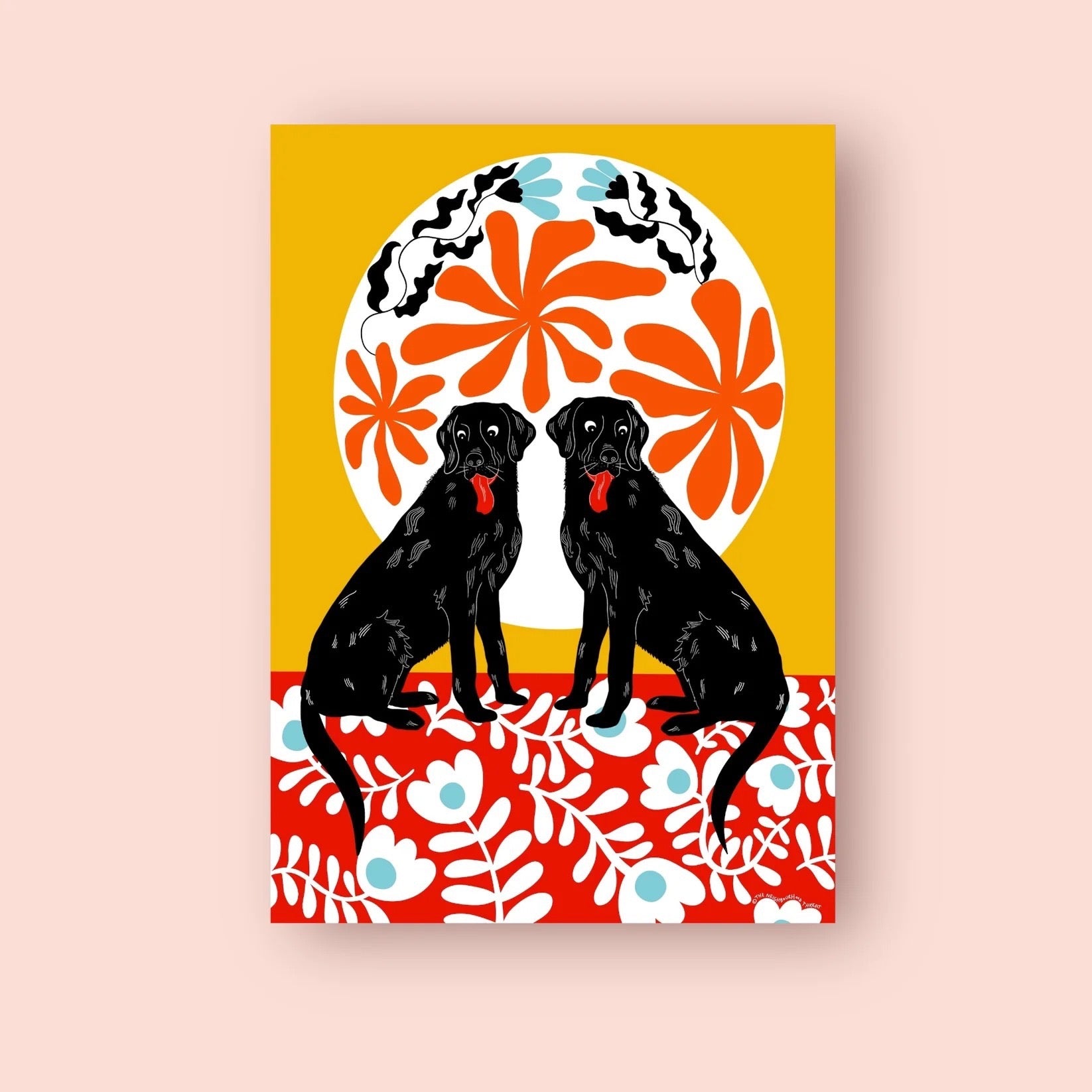 Labrador print featuring two black labs sitting on a red floral rug against a mustard background with a white patterned sun.
