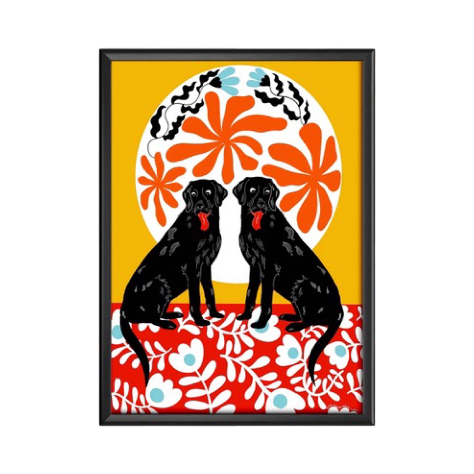 Labrador print featuring two black labs sitting on a red floral rug against a mustard background with a white patterned sun.