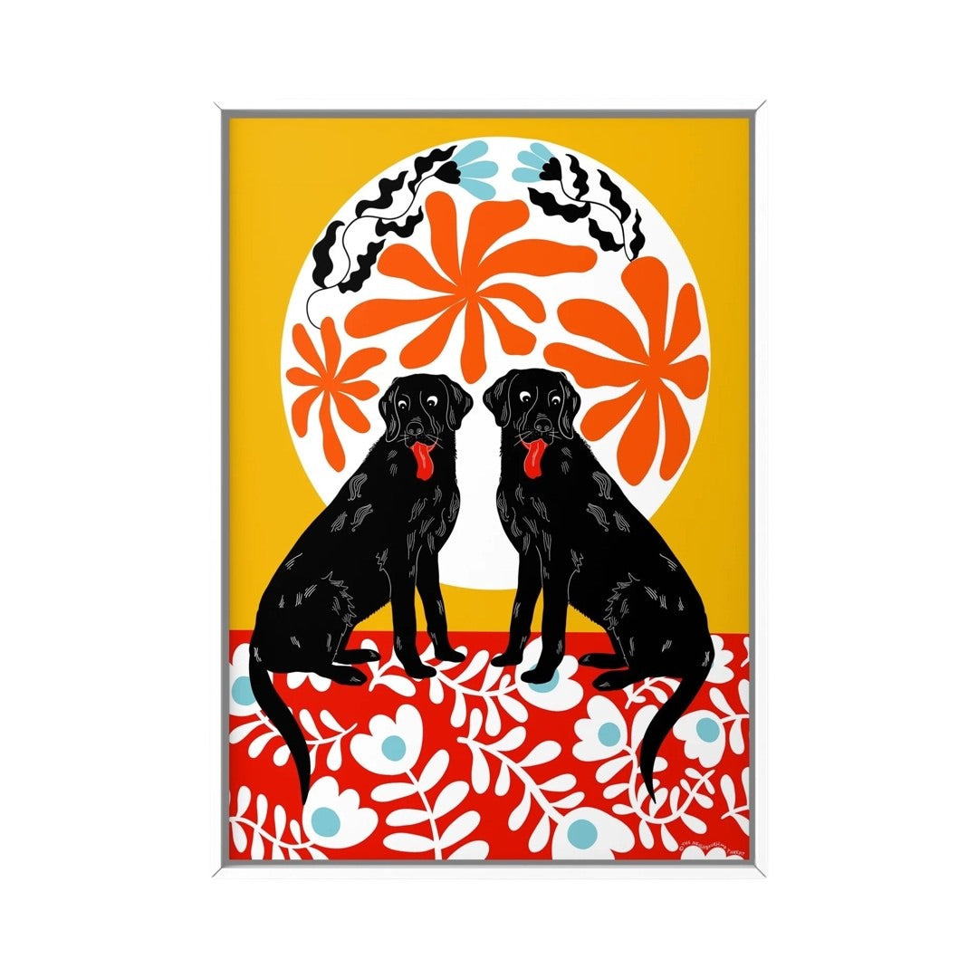Labrador print featuring two black labs sitting on a red floral rug against a mustard background with a white patterned sun.