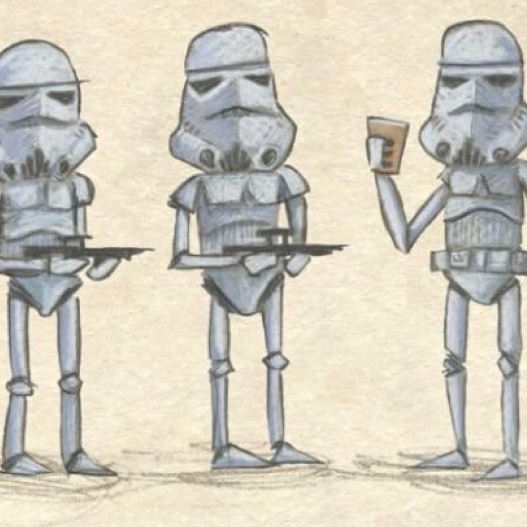 Three stormtroopers from Star Wars holding weapons and drinks on a beige background.