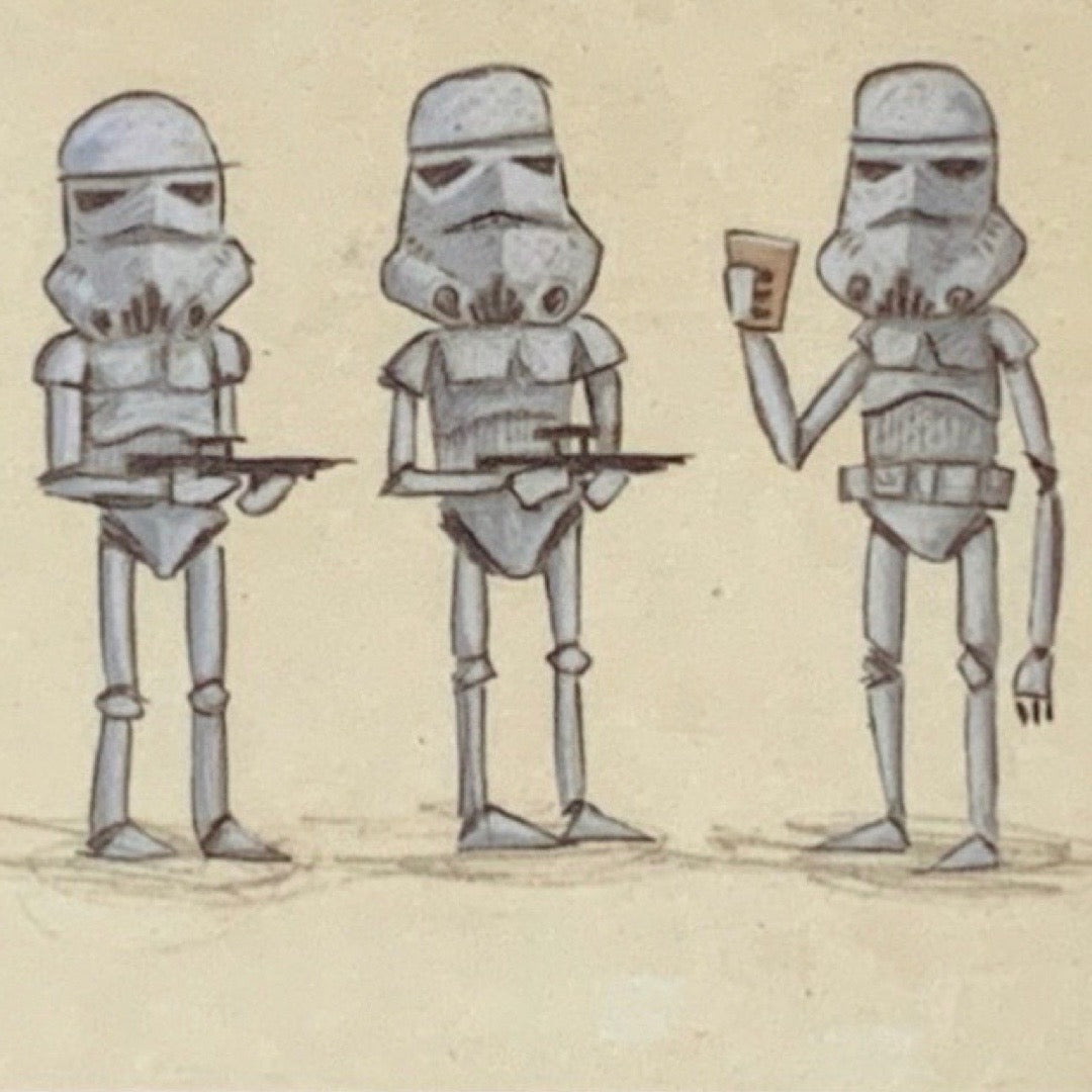 Three stormtroopers from Star Wars holding weapons and drinks on a beige background.