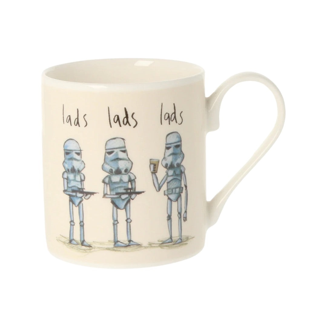 Lads, lads, lads mug featuring an illustration of three stormtroopers from Star Wars, two holding guns and the third holding a pint!