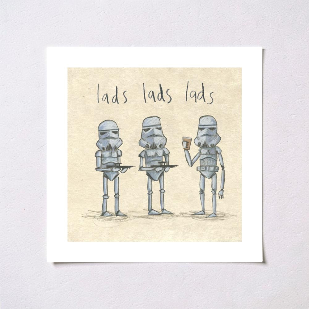 Square print featuring an illustration of three stormtroopers from Star Wars, two holding guns and the third holding a pint, on a table.