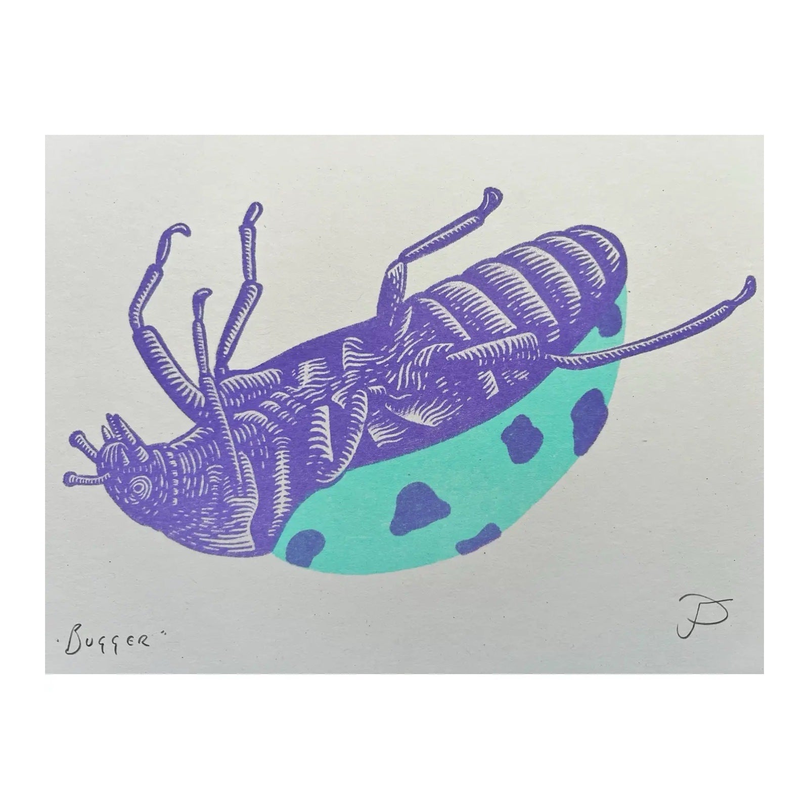 Print of a purple ladybird with a turquoise shell stuck up side down