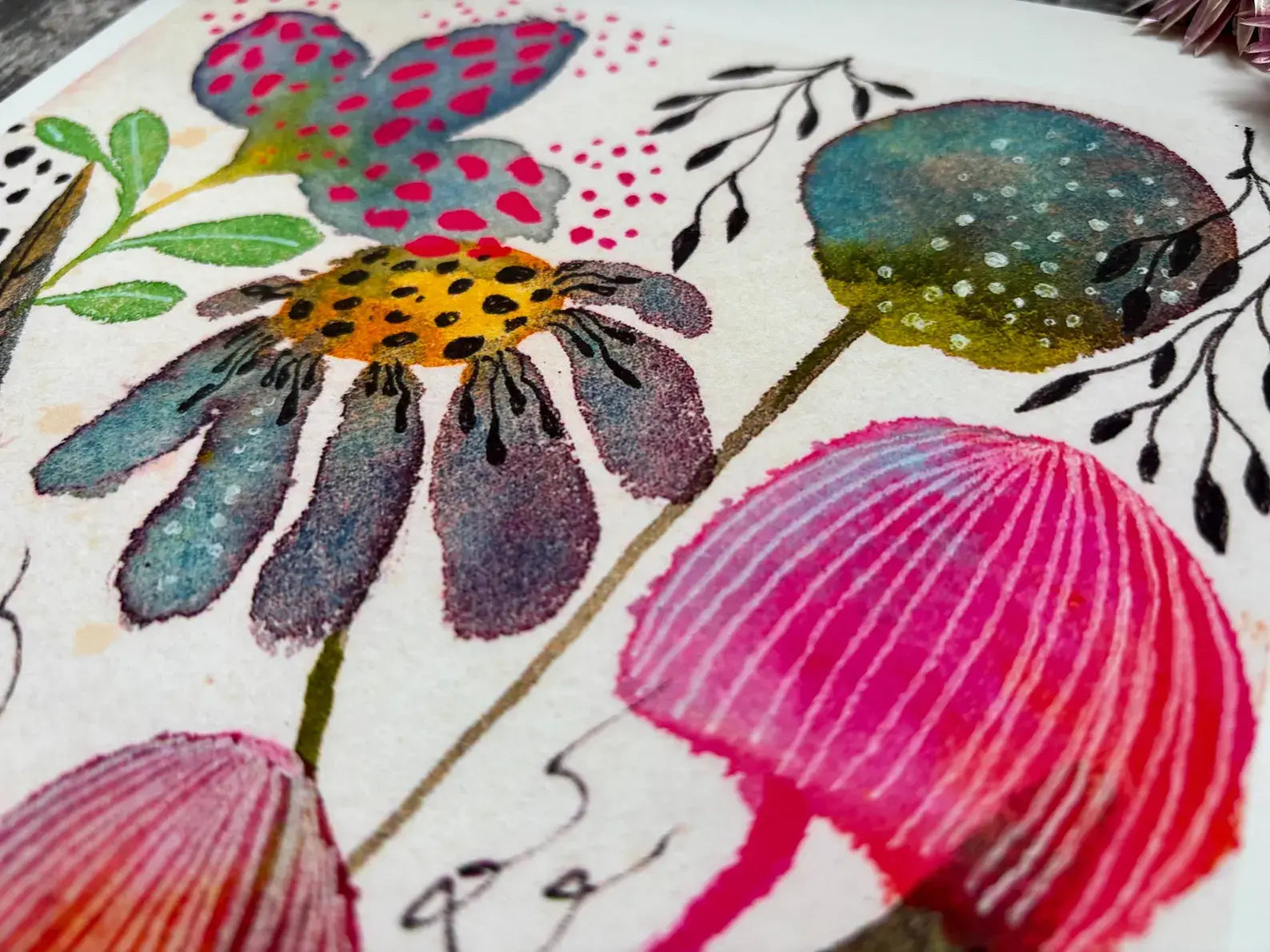 Colourful floral design on a textured surface.