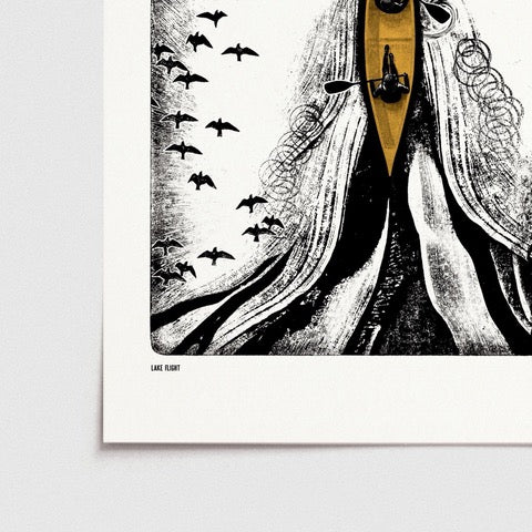 Monochrome print featuring a mustard-coloured two-man canoe being paddled down a river with birds flying overhead.