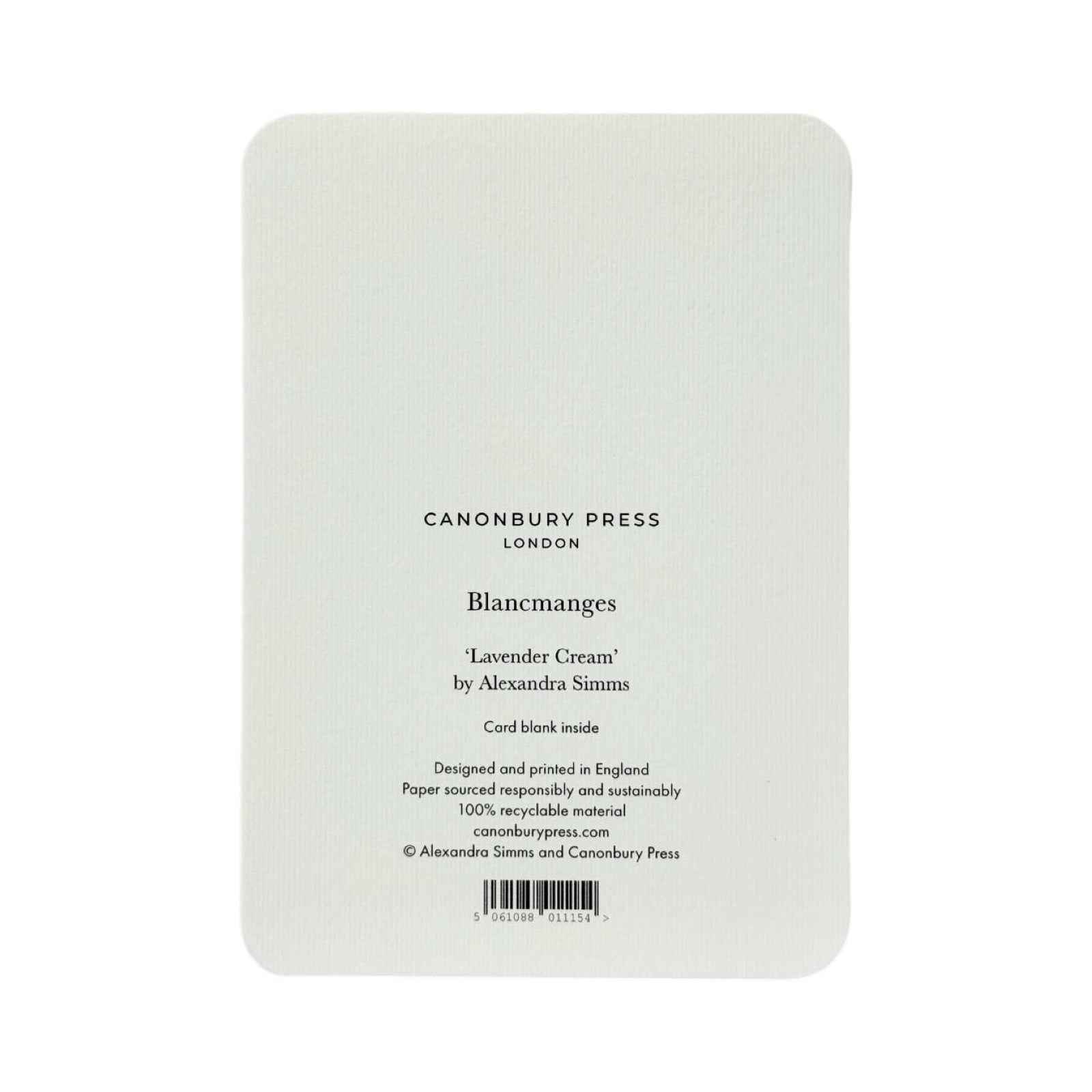 The back of a cream coloured card rom the 'Blancmanges' range by Alexandra Smith for Canonbury Press.