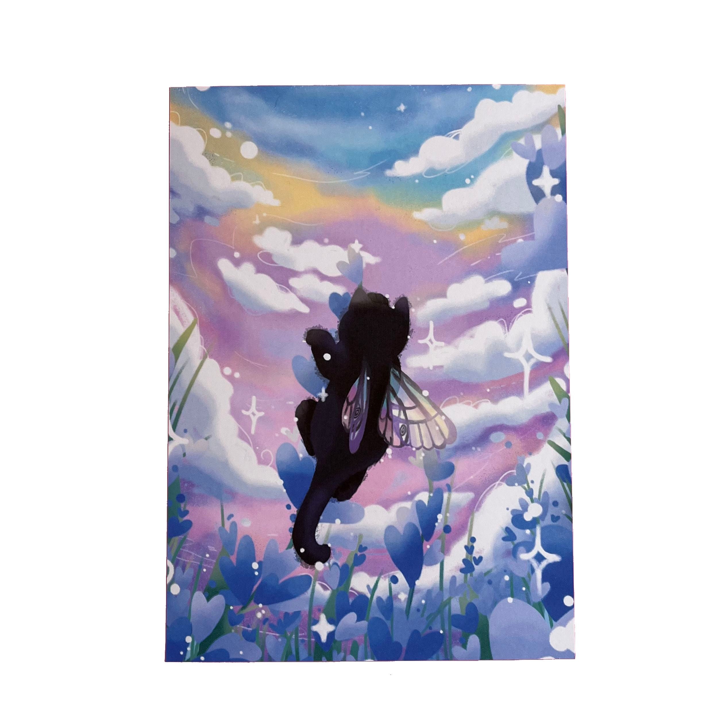 Photo of an illustration of a flower fairy black cat with rainbow fairy wings, climbin lavender in a lavender field.