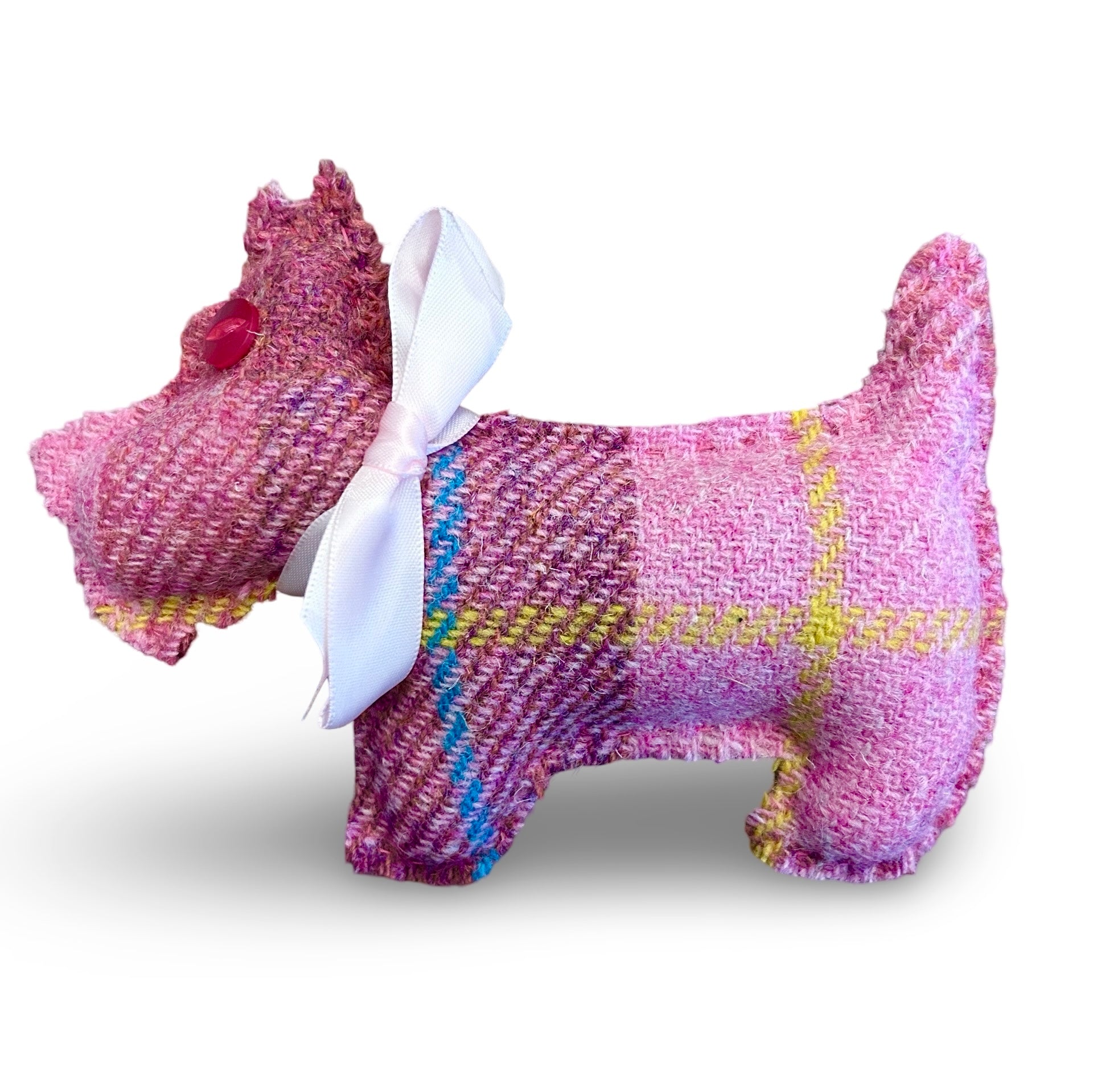 Pink Harris tweed Scottie Dog shaped lavender sachet with a pink button ee and pale pink ribbon collar.