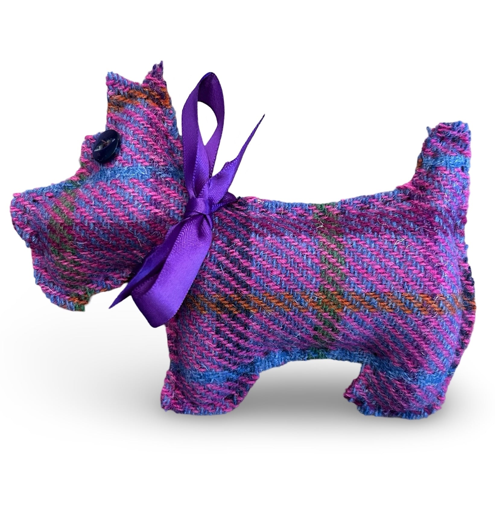 Lavender sachet Scottie Dog in purple Harris tweed with a purple button eye and purple satin ribbon collar.