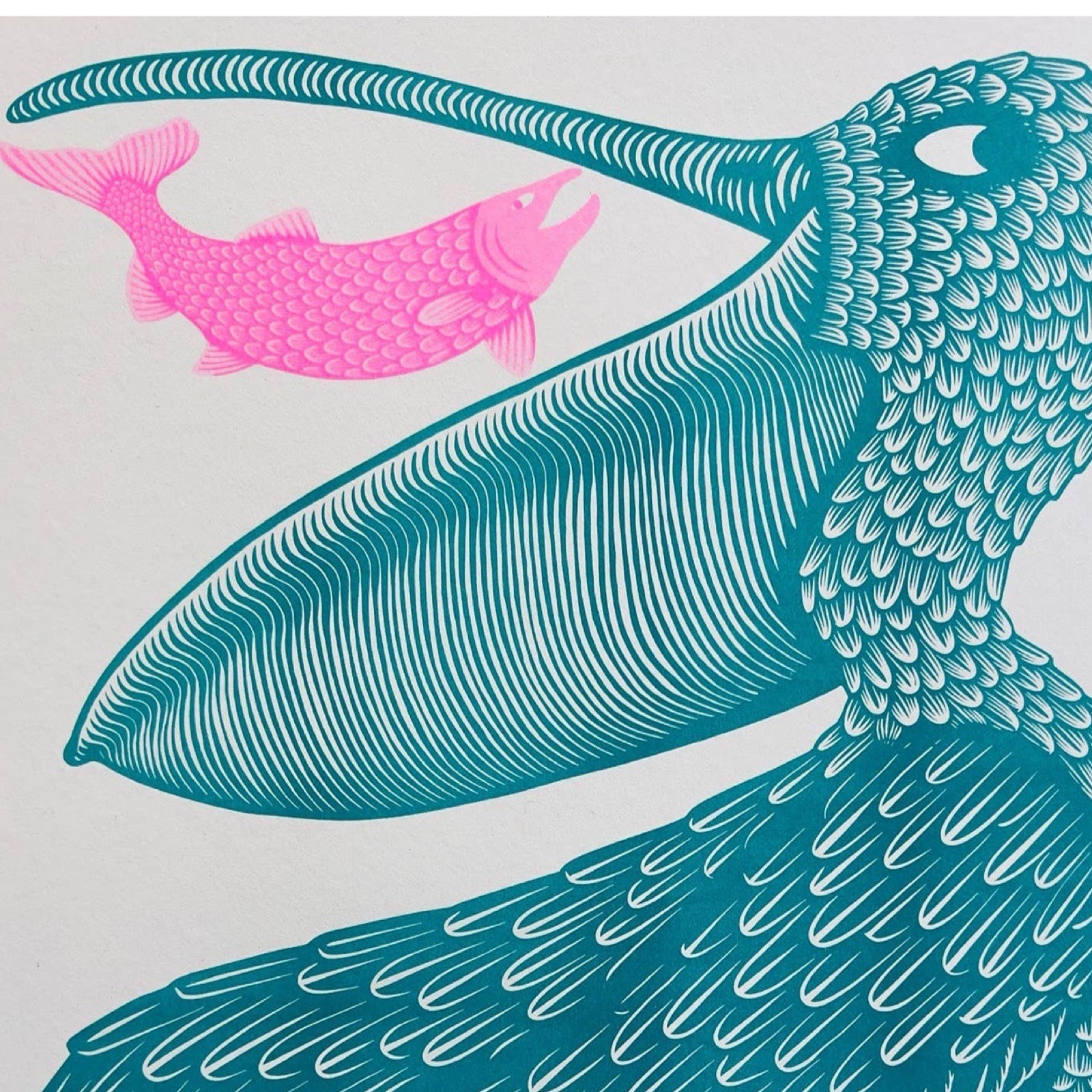 A risograph print featuring a giant teal pelican with a pink fish in its mouth.