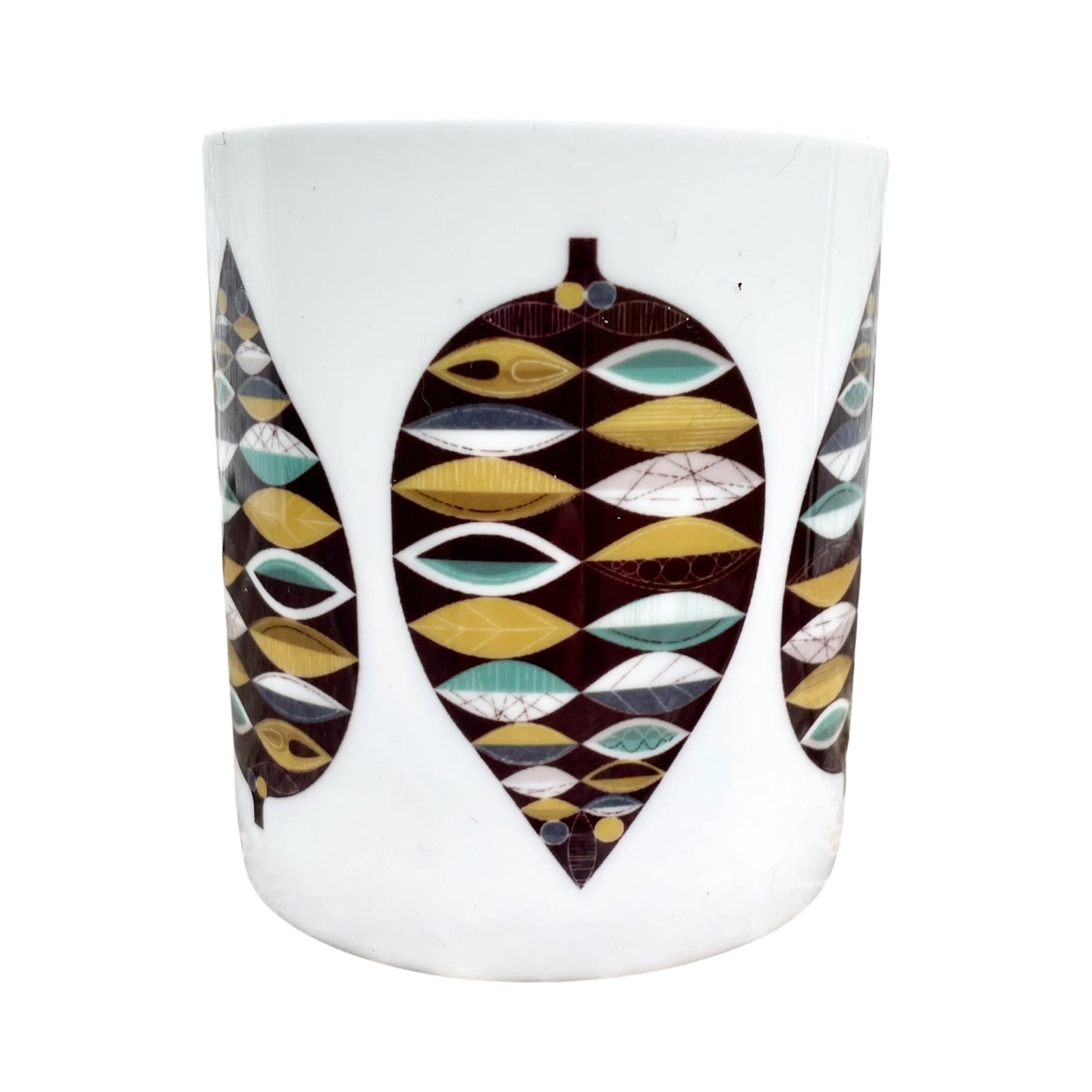 A white fine-bone china mug featuring midcentury-inspired leaves in a dark grey, mustard, teal and white design.