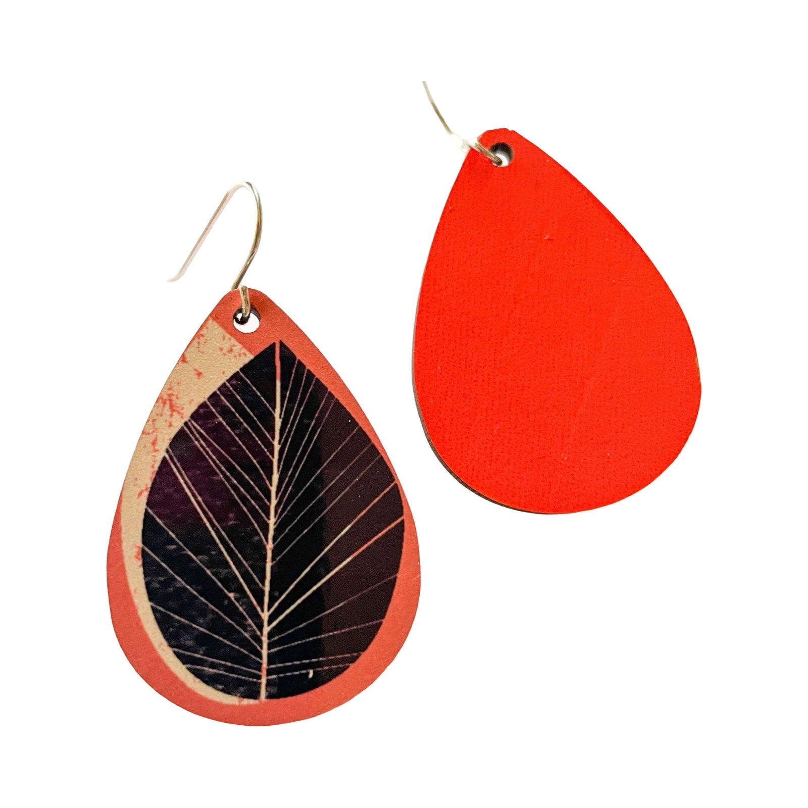 Petal-shaped drop earrings featuring a grey and mustard arcs design made from lightweight, hypo-allergenic aluminium with Sterling Silver hooks.