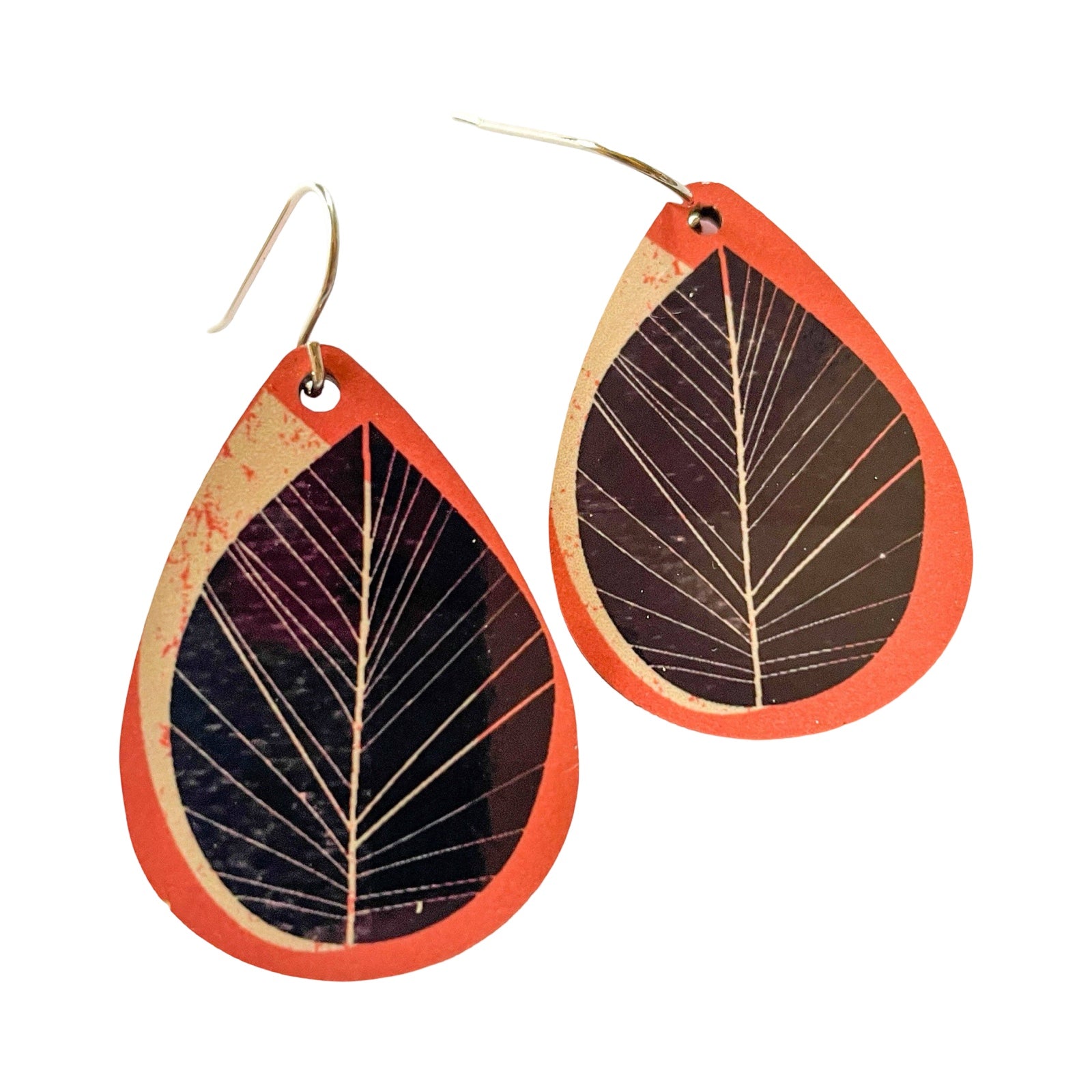 Petal-shaped drop earrings featuring a grey and mustard arcs design made from lightweight, hypo-allergenic aluminium with Sterling Silver hooks.