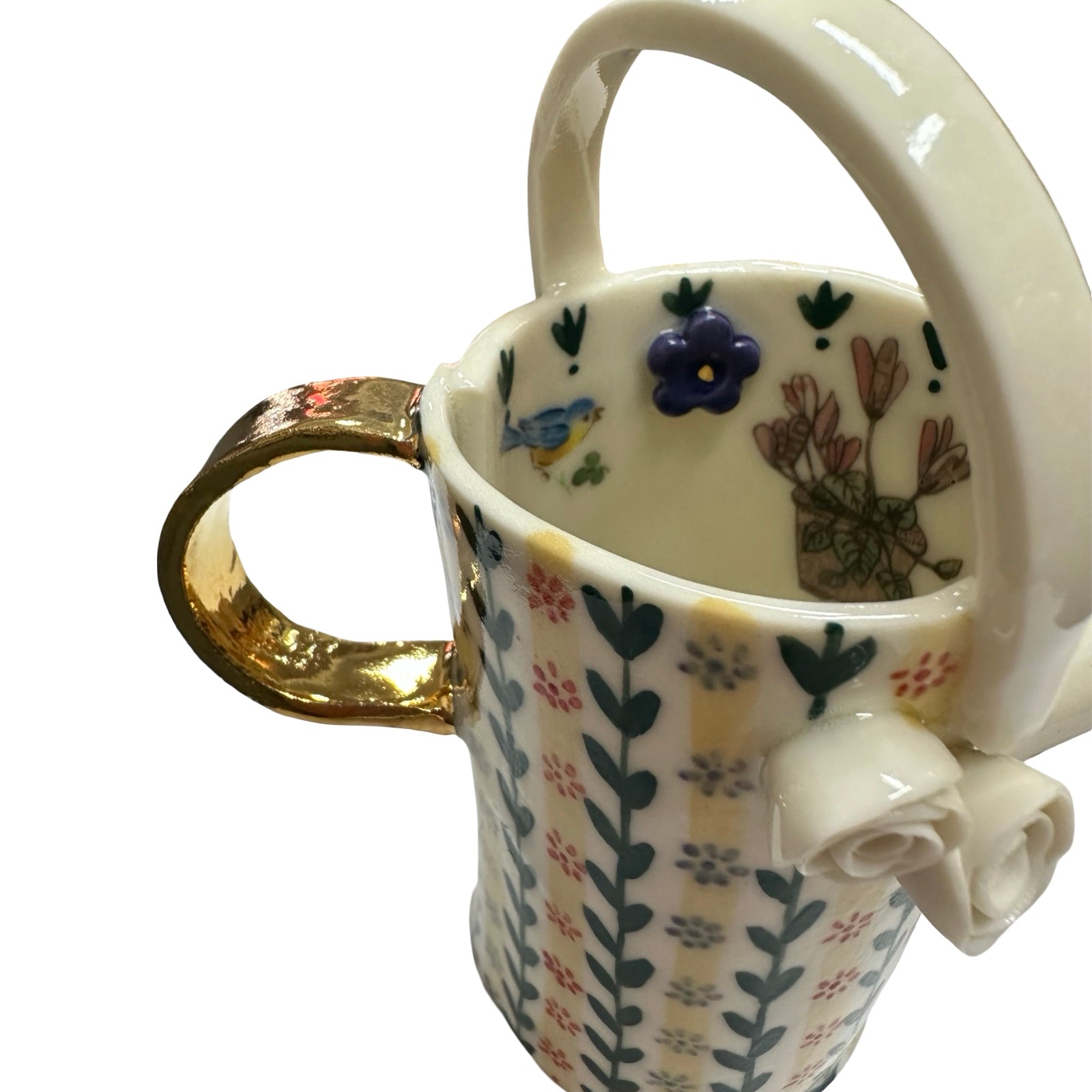 Leaves and Roses Watering Can Porcelain Vase