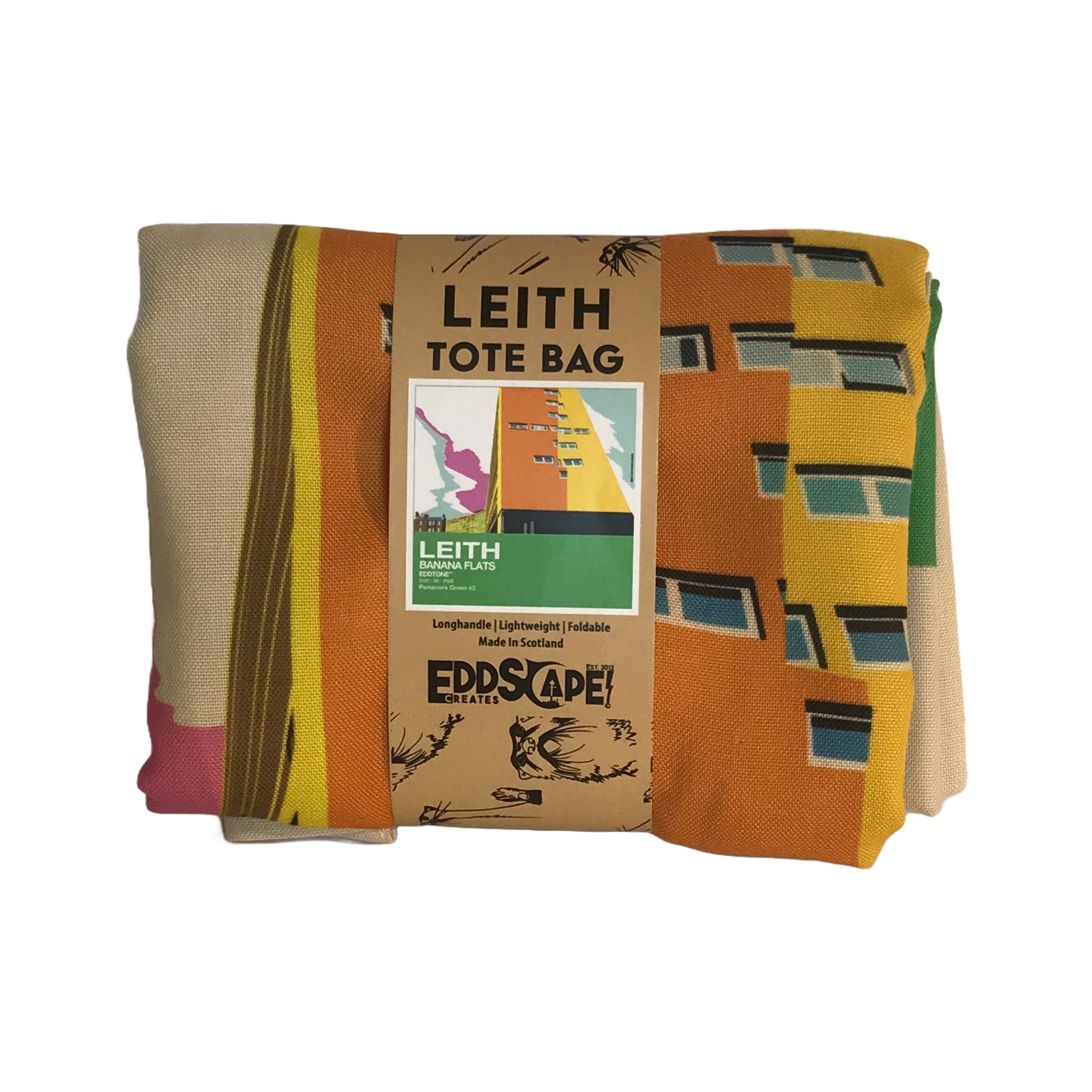 This is a tote bag with a square design featuring an illustration of famous banana flats building In Leith, Edinburgh.