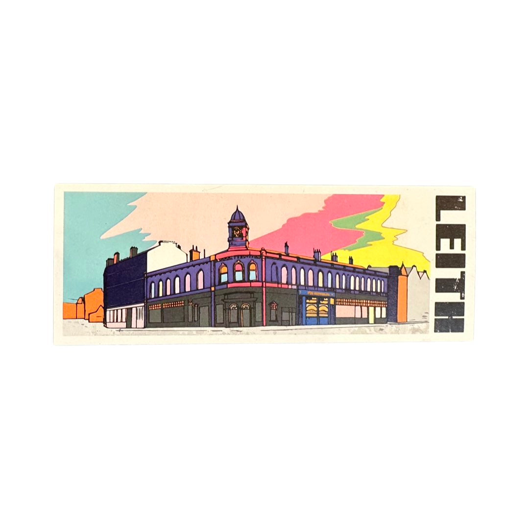 Bookmark featuring a panoramic illustration of the old Leith Central Station in Edinburgh