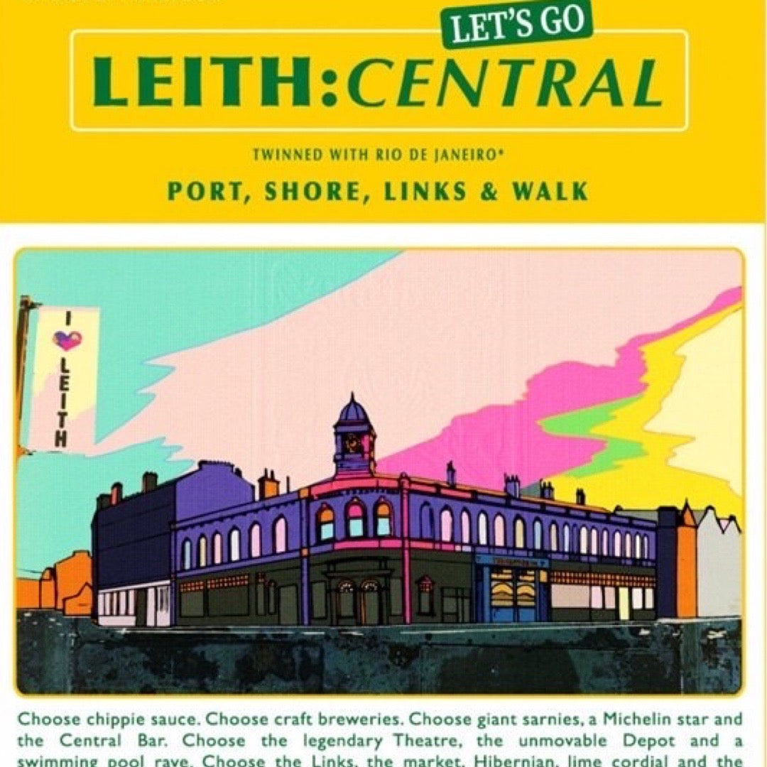 This print features a travel book poster design with an illustration of the old Central Station building in Leith, Edinburgh