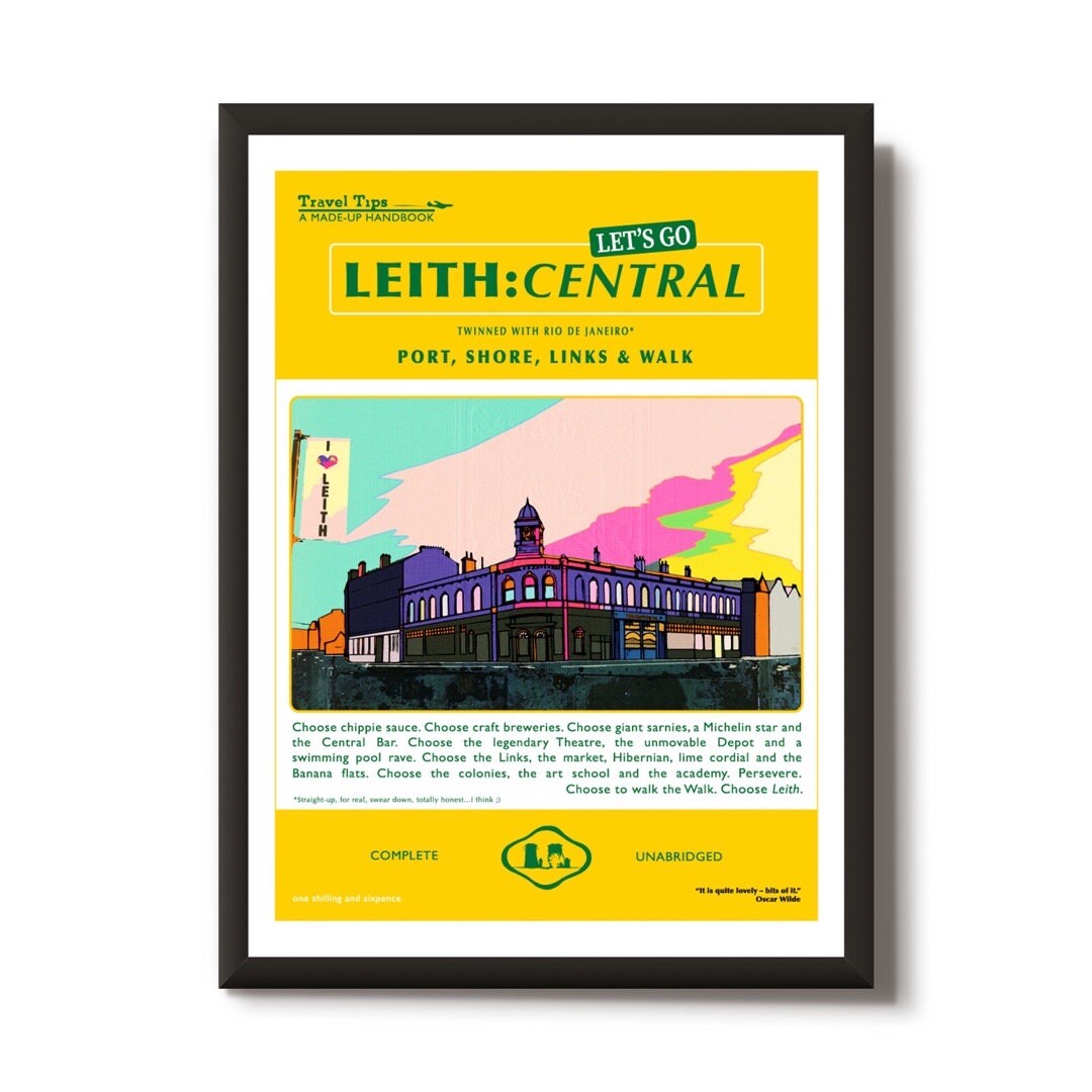This print features a travel book poster design with an illustration of the old Central Station building in Leith, Edinburgh