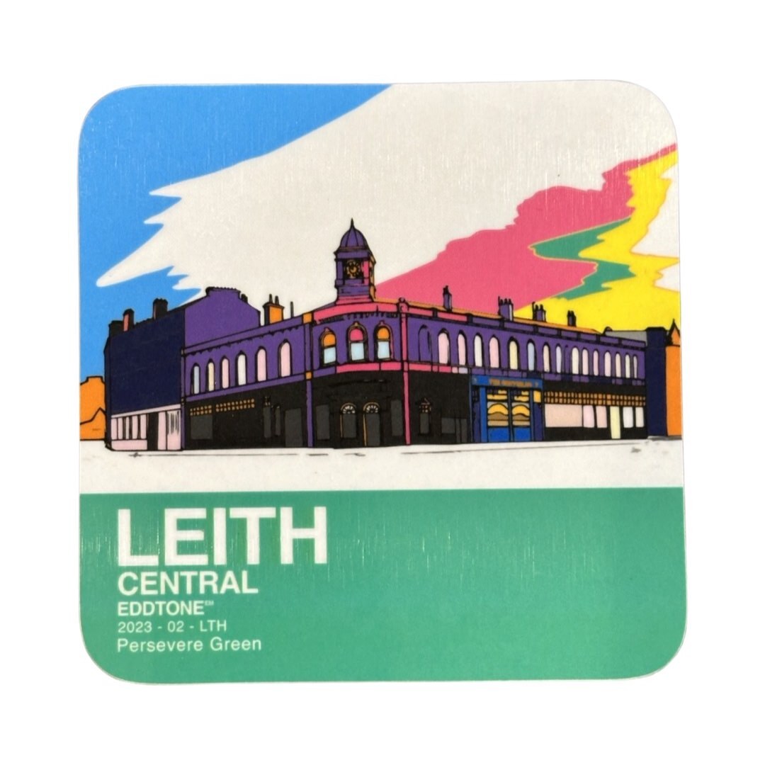 Coaster featuring an illustration of Leith Central Station at the bottom of Leith Walk in Edinburgh