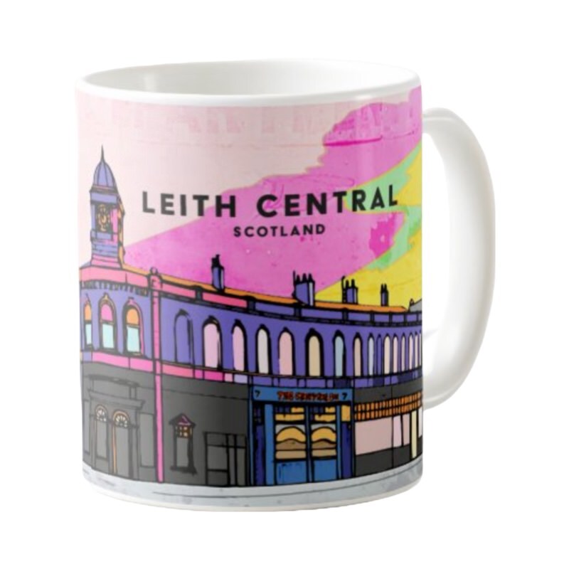 This mug features a panoramic artwork of the Leith Central Station at the bottom of Leith Walk in Edinburgh