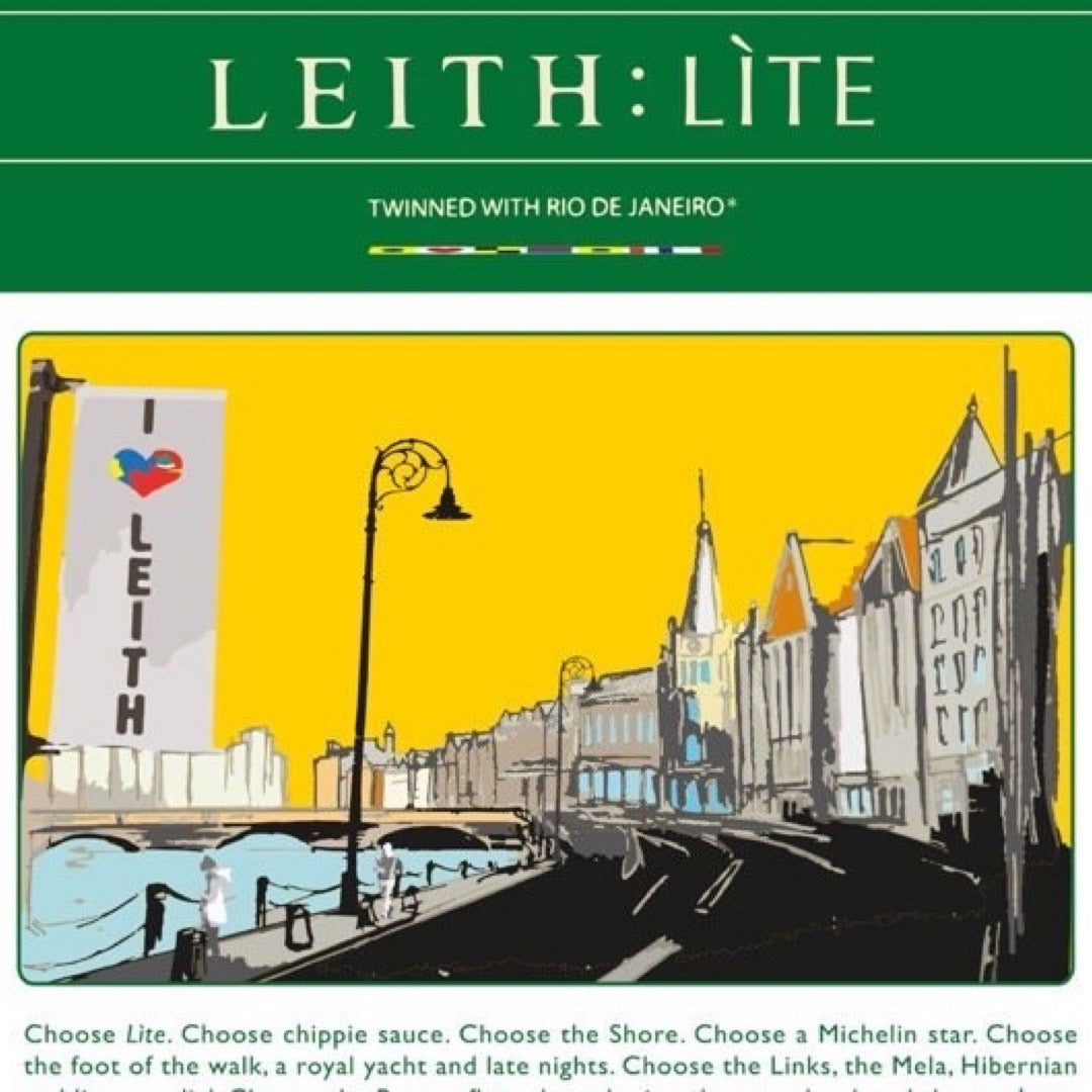 This print features a travel book poster design illustrating the Shore area in Leith, Edinburgh