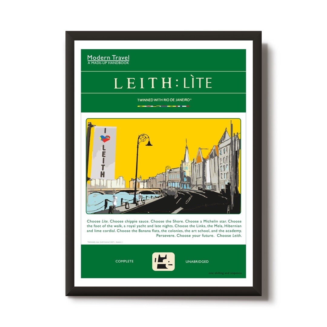 This print features a travel book poster design illustrating the Shore area in Leith, Edinburgh