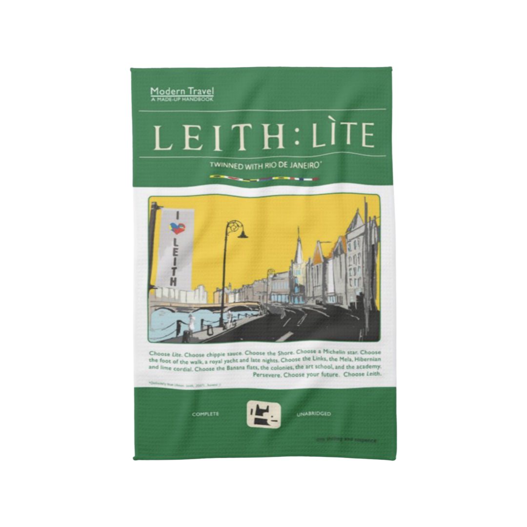 Tea towel featuring a travel book poster design with an original illustration of the Shore area in Leith, Edinburgh.
