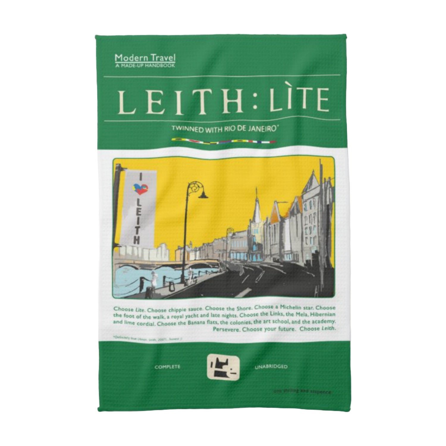 Tea towel featuring a travel book poster design with an original illustration of the Shore area in Leith, Edinburgh.