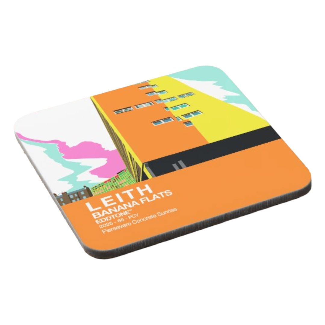 Coaster featuring an illustration of the Banana Flats in Leith, Edinburgh