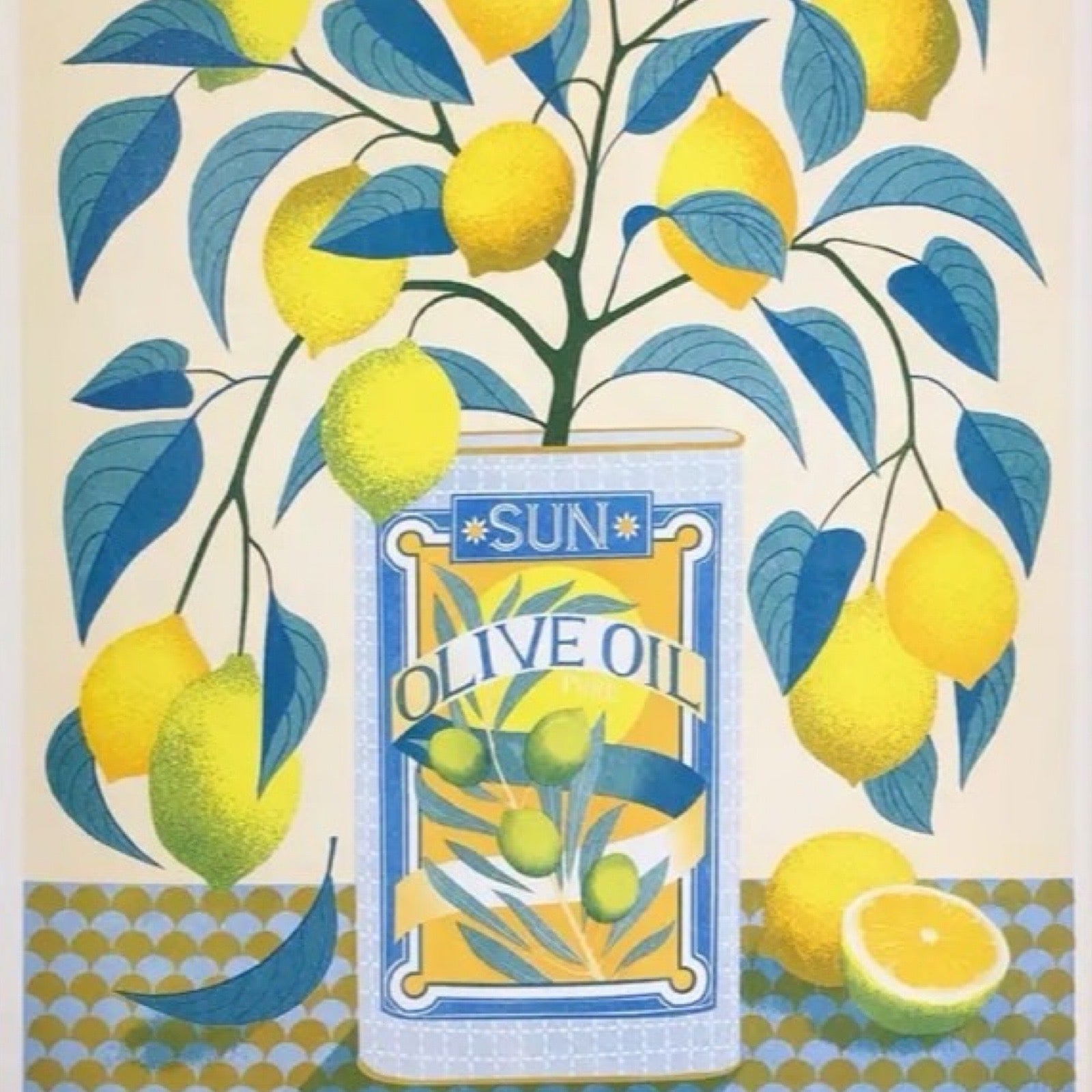 Risograph art print featuring a lemon tree in full bloom growing in a vase made from an olive oil can.