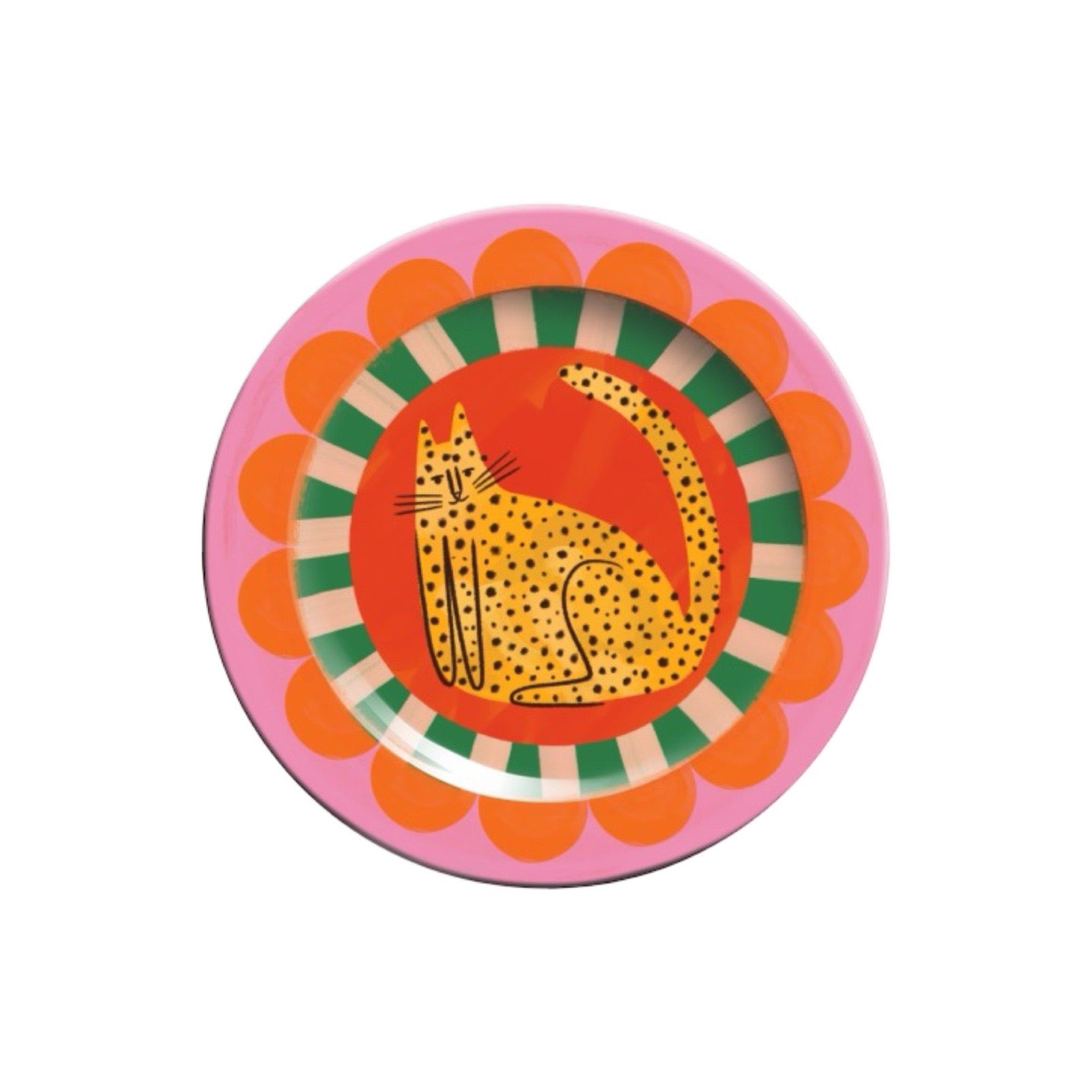 Colourful plate with a cheetah design on a white background.