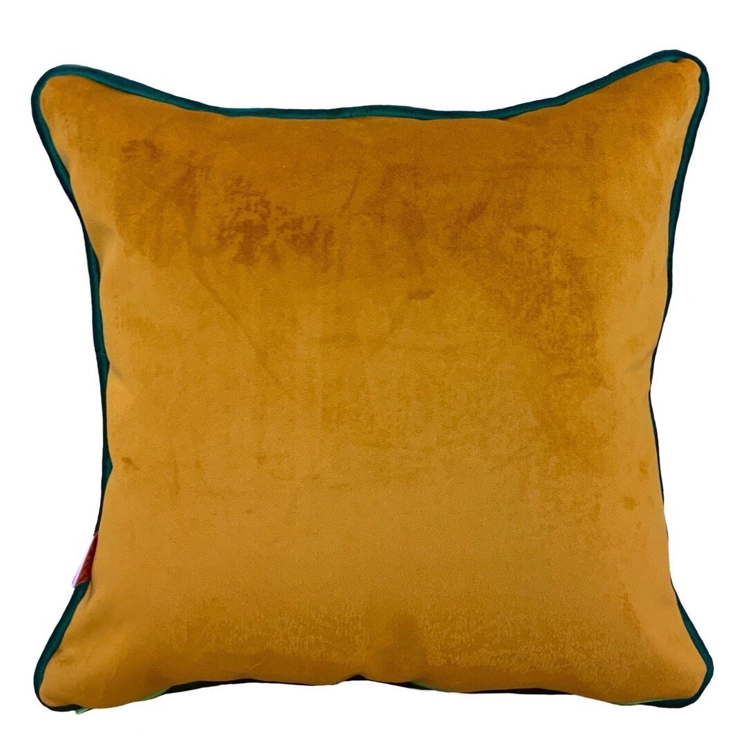 Mustard velvet back of leopard love cushion.