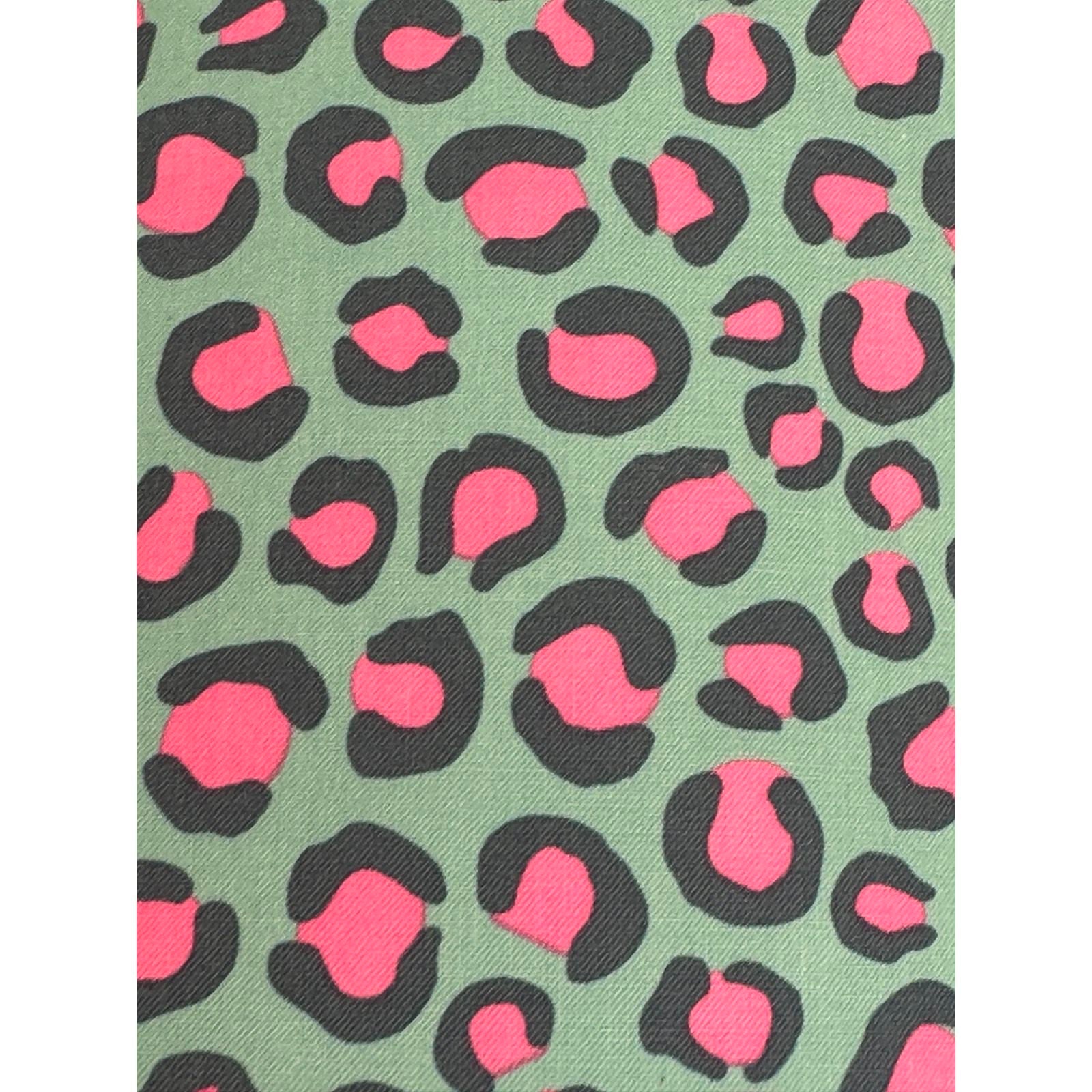 Turquoise cotton fabric with pink and blue leopard print