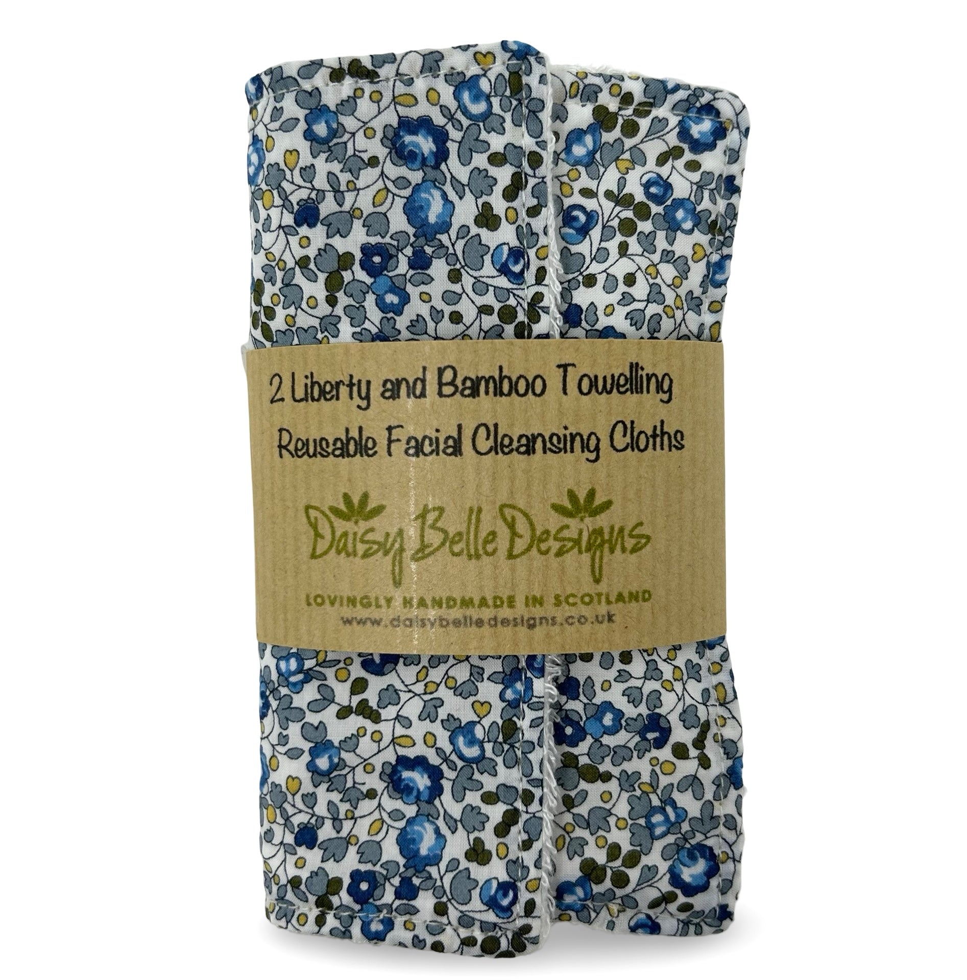 Blue floral Liberty of London and towelling face wipes in a pack of two with a branded label.