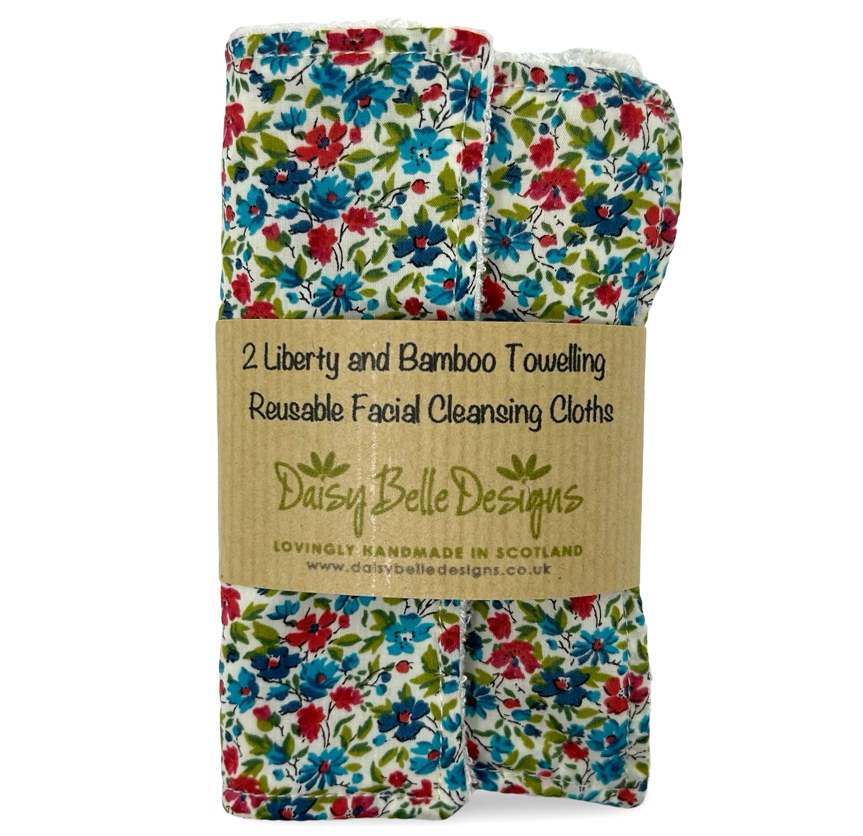 Green floral Liberty of London and towelling face wipes in a pack of two with a branded label.