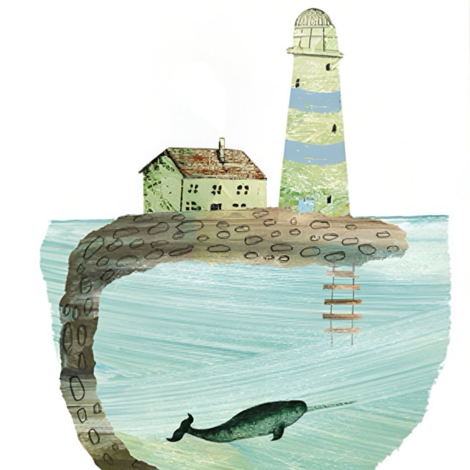 This print features an illustration of a green and blue striped lighthouse and a cottage at the end of a pier with a narwhal swimming in the sea below.