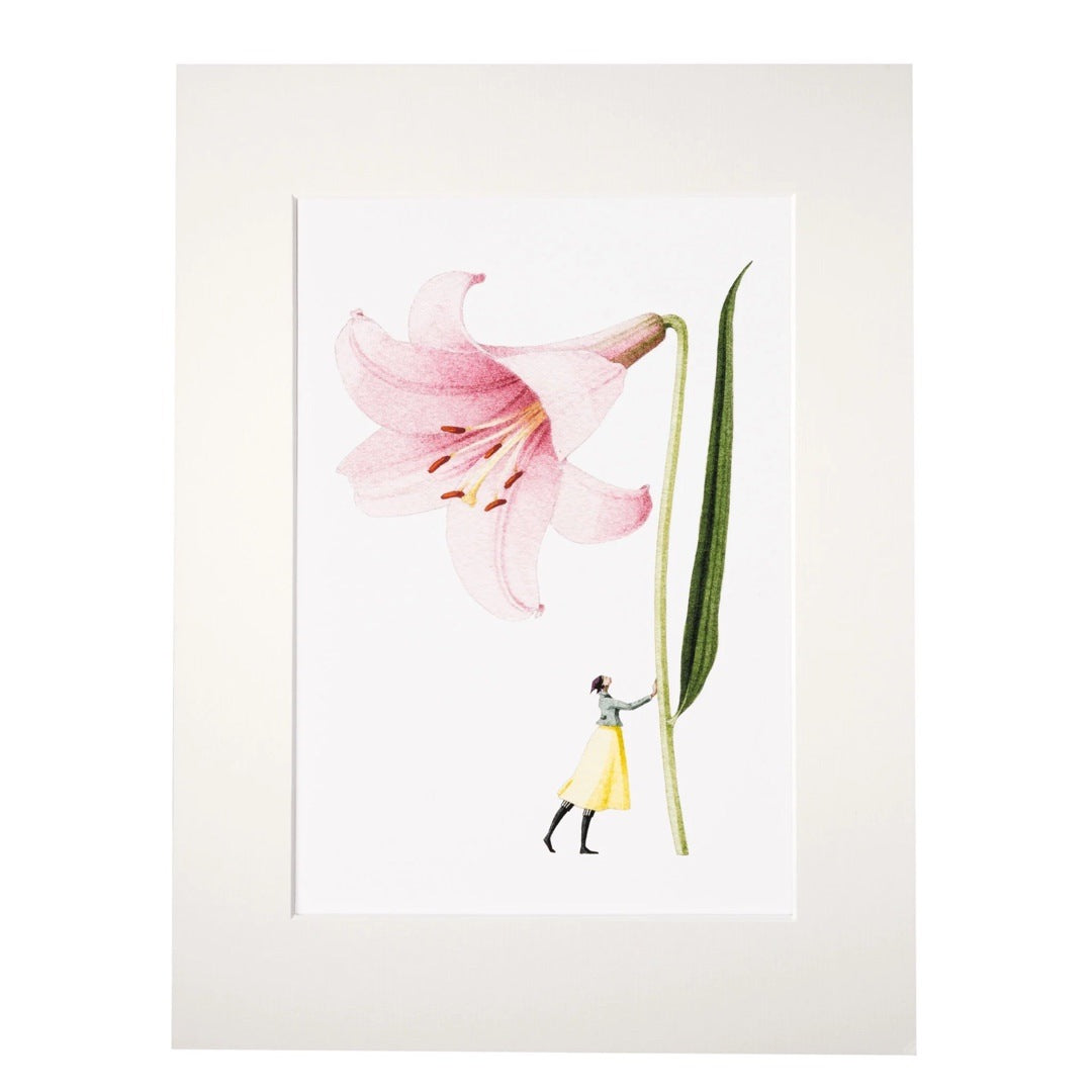 Floral mounted print featuring a beautiful illustration of a fabulously dressed lady holding a giant pink lily.