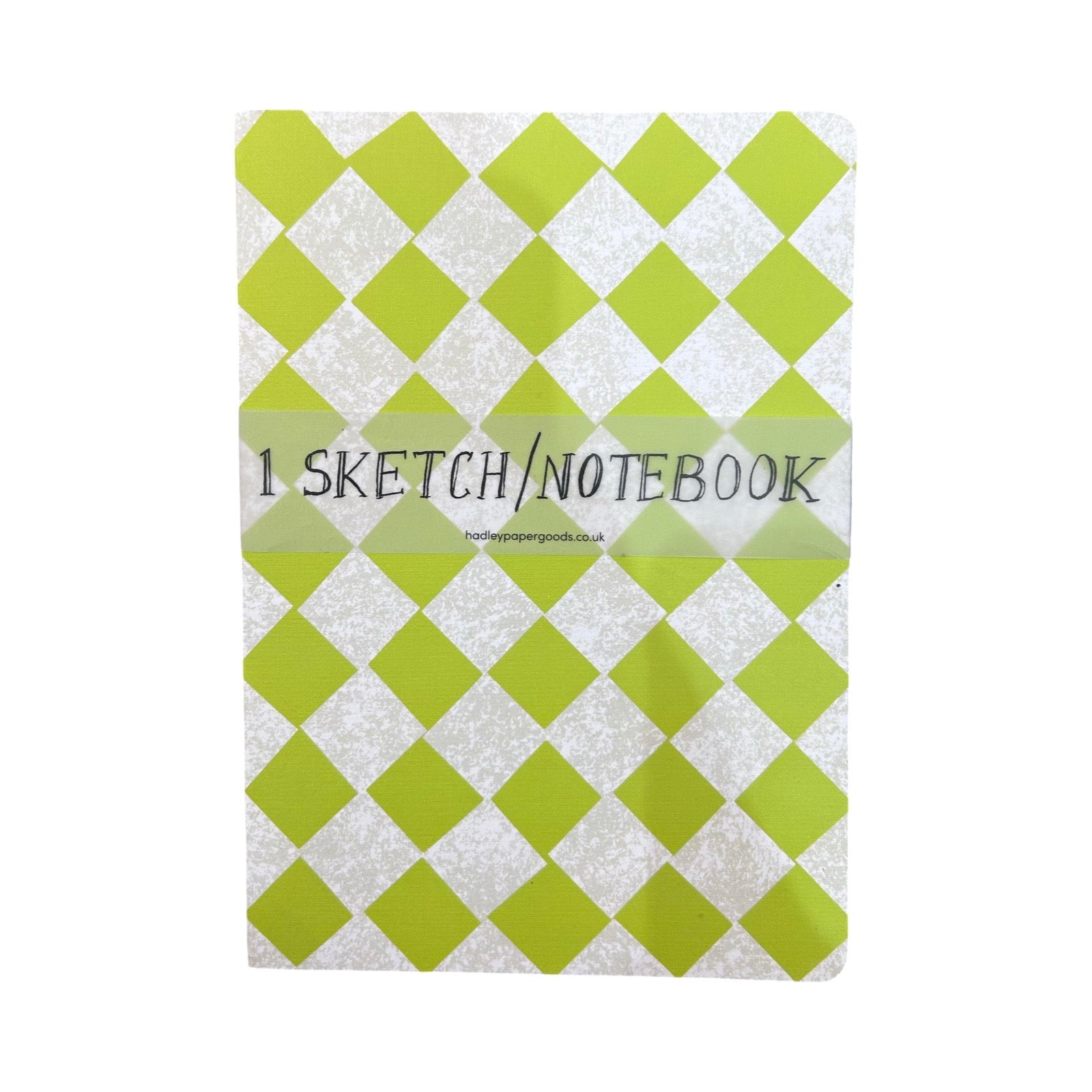 An A5 lime green and white checked notebook, with a packaging band.