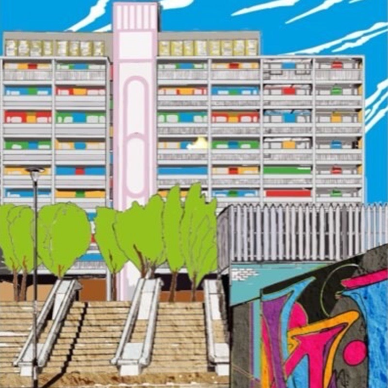 This print features a colourful illustration of the Linksview House Tower Block in Leith, Edinburgh