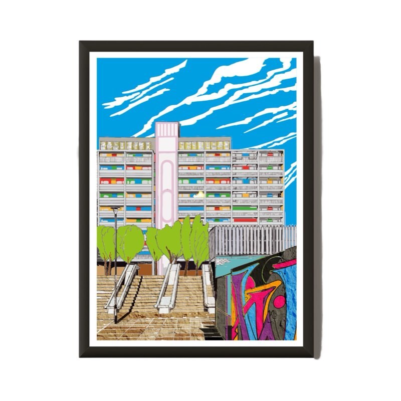 This print features a colourful illustration of the Linksview House Tower Block in Leith, Edinburgh