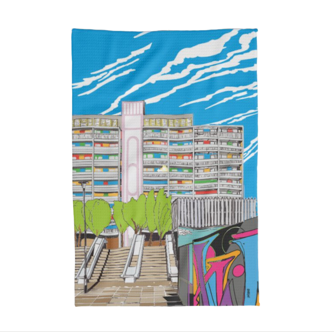Tea towel featuring a colourful illustration of Linksview House in Leith, Edinburgh