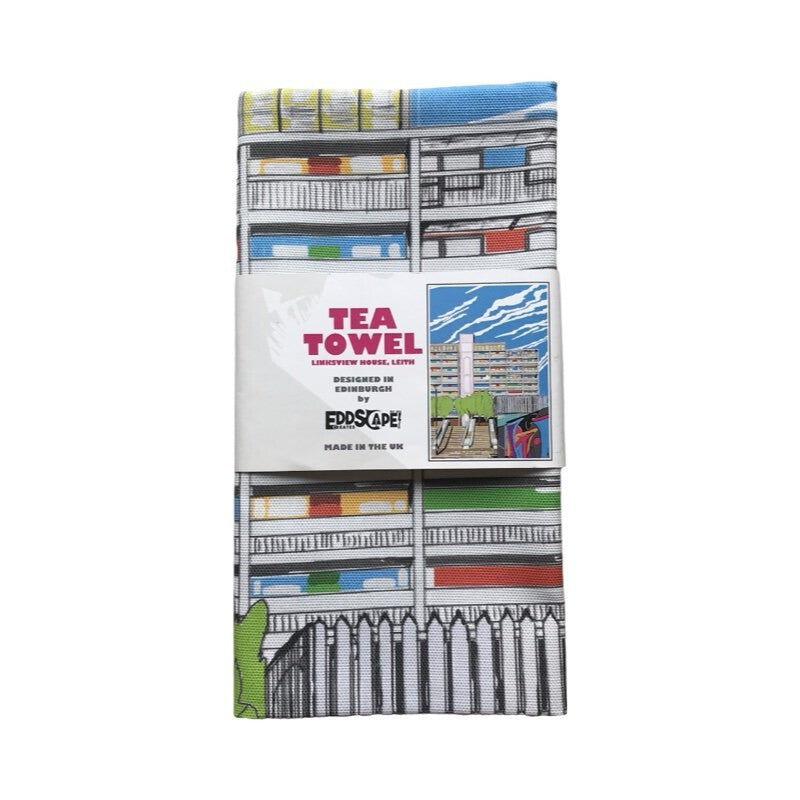 Tea towel featuring a colourful illustration of Linksview House in Leith, Edinburgh