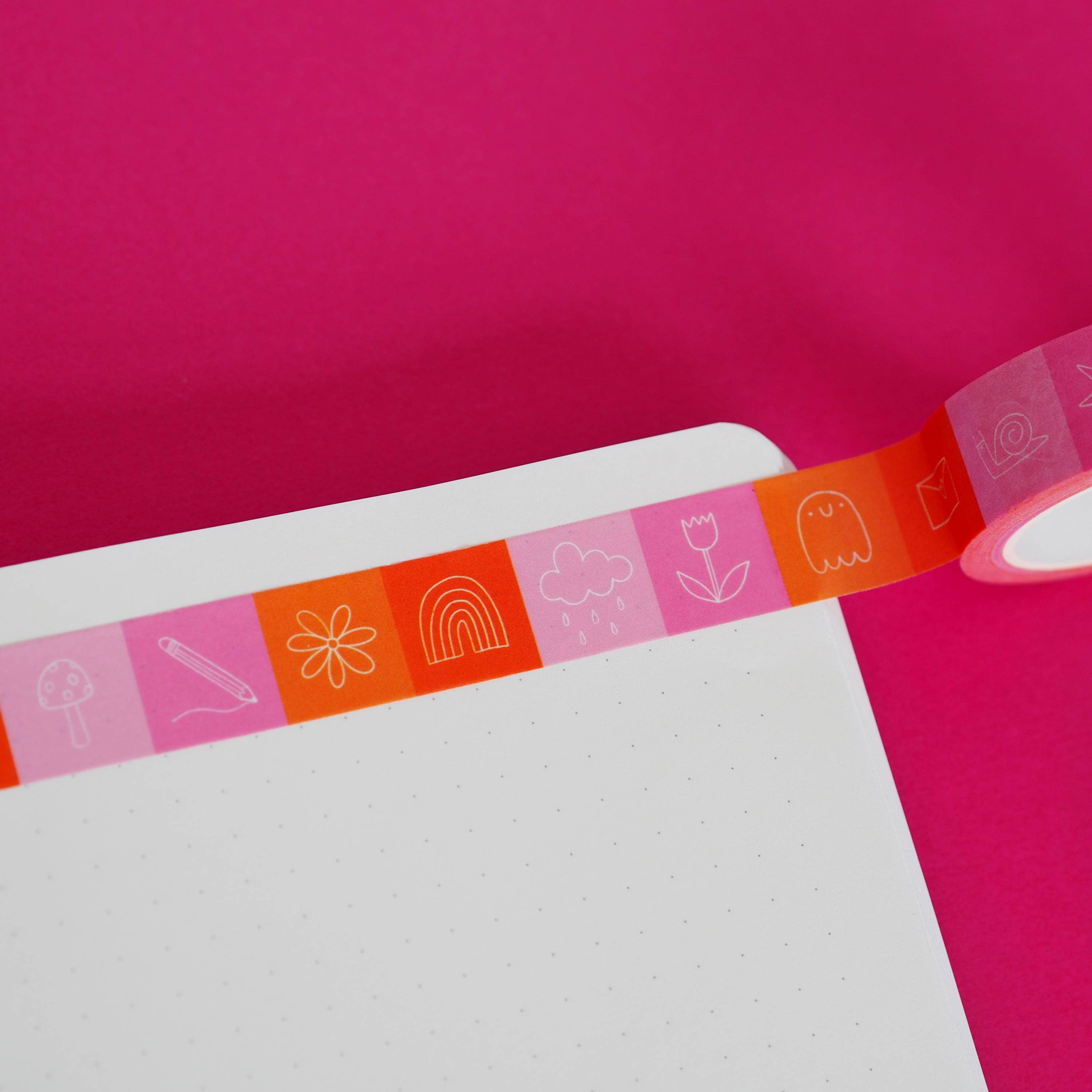 Decorative tape with pictures on a pink background.