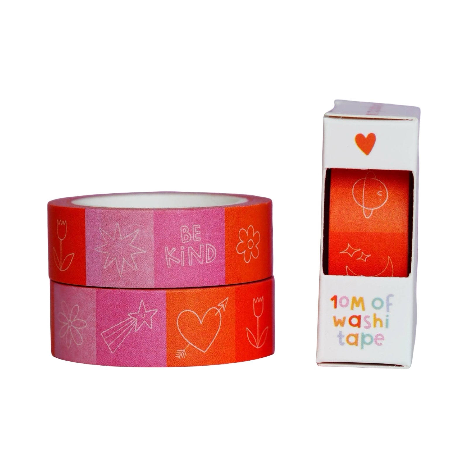 Washi tape with decorative designs and a packaging box on a white background.