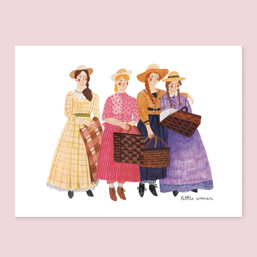 Illustration of four women in vintage clothing with baskets on a white background.